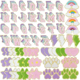 156 Pcs Chenille Letter Patches Self Adhesive Iron On Patches for Clothes,Include 104 A-Z Varsity Alphabet,52 Cute Pattern Chenille Patches for DIY Clothing,Bags,Hats,Embroidered Repair