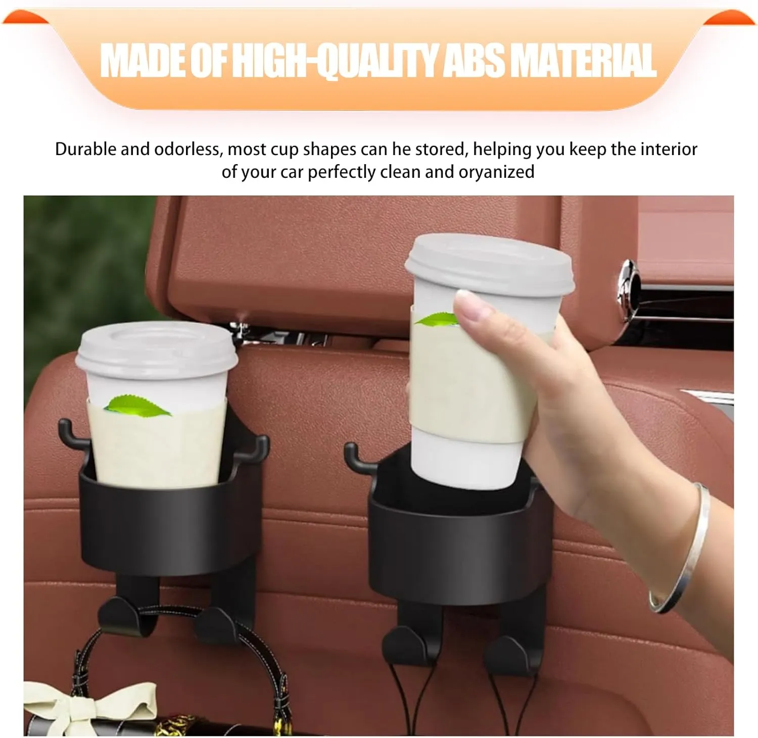 2 PCS Car Seat Backrest Hook, Multifunctional Hanging Storage Water Cup Holder Trash Can with Hook, Mobile Phone Holder Portable Travel Interior Accessories, Universal for Cars Trucks (Black)