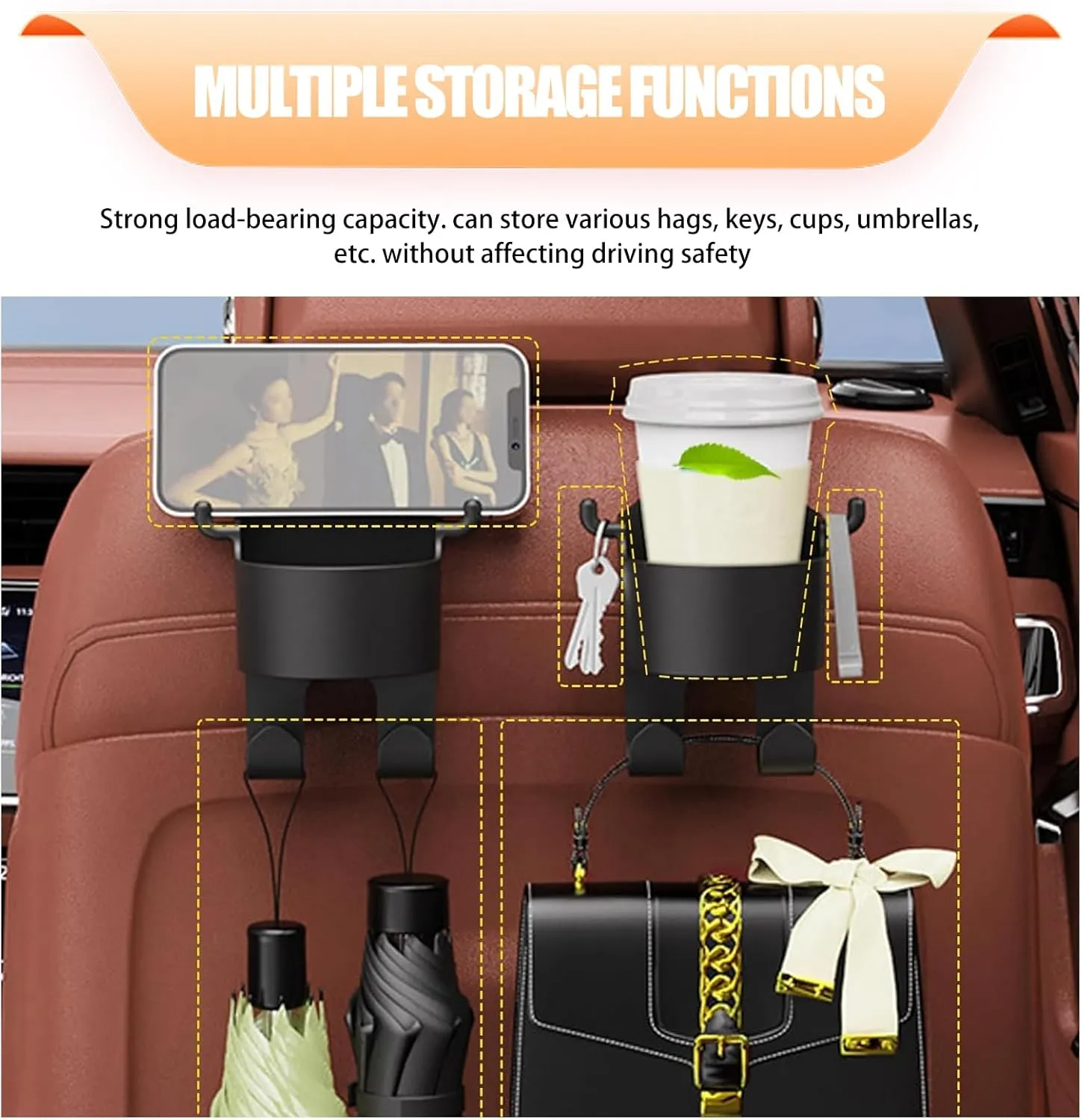 2 PCS Car Seat Backrest Hook, Multifunctional Hanging Storage Water Cup Holder Trash Can with Hook, Mobile Phone Holder Portable Travel Interior Accessories, Universal for Cars Trucks (Black)