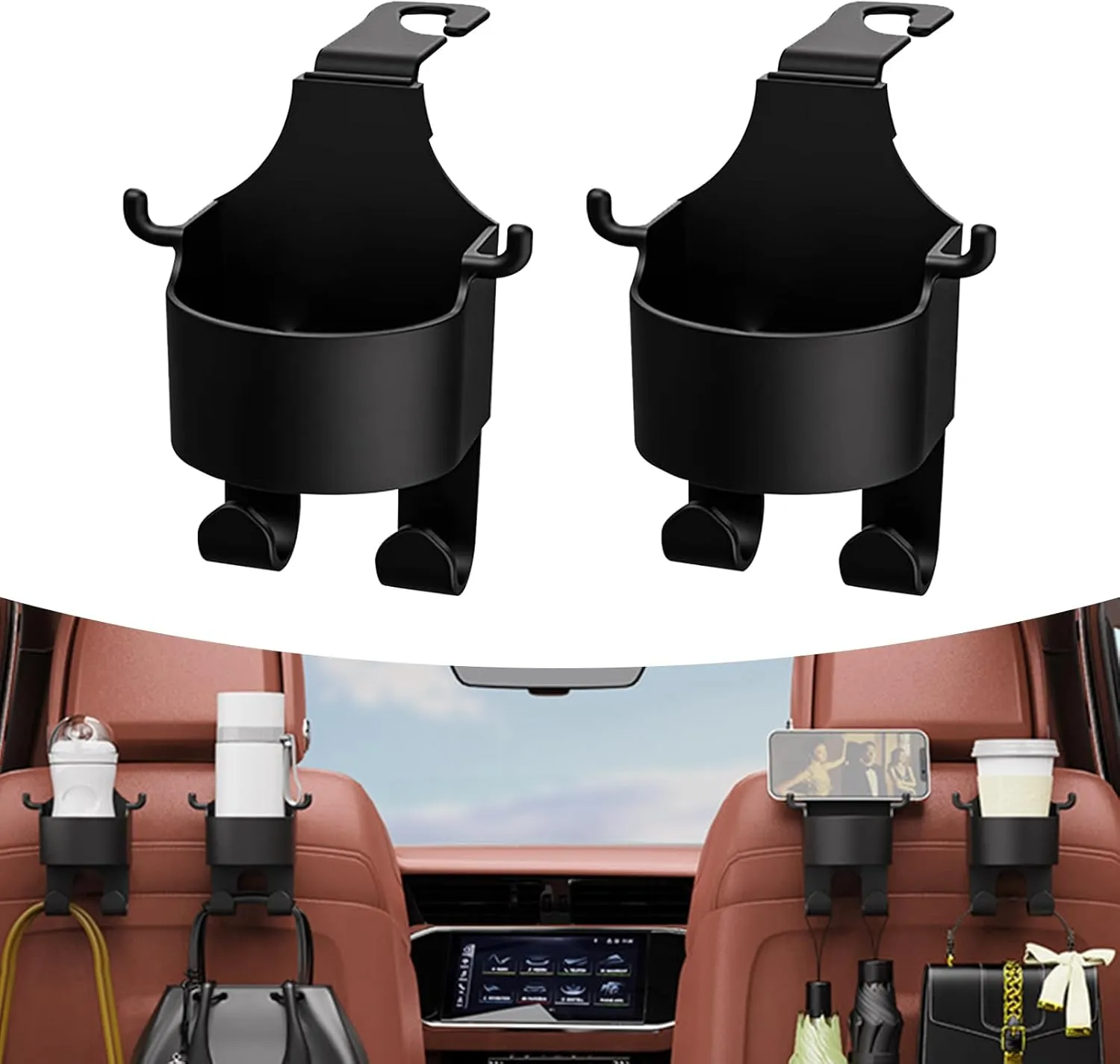 2 PCS Car Seat Backrest Hook, Multifunctional Hanging Storage Water Cup Holder Trash Can with Hook, Mobile Phone Holder Portable Travel Interior Accessories, Universal for Cars Trucks (Black)