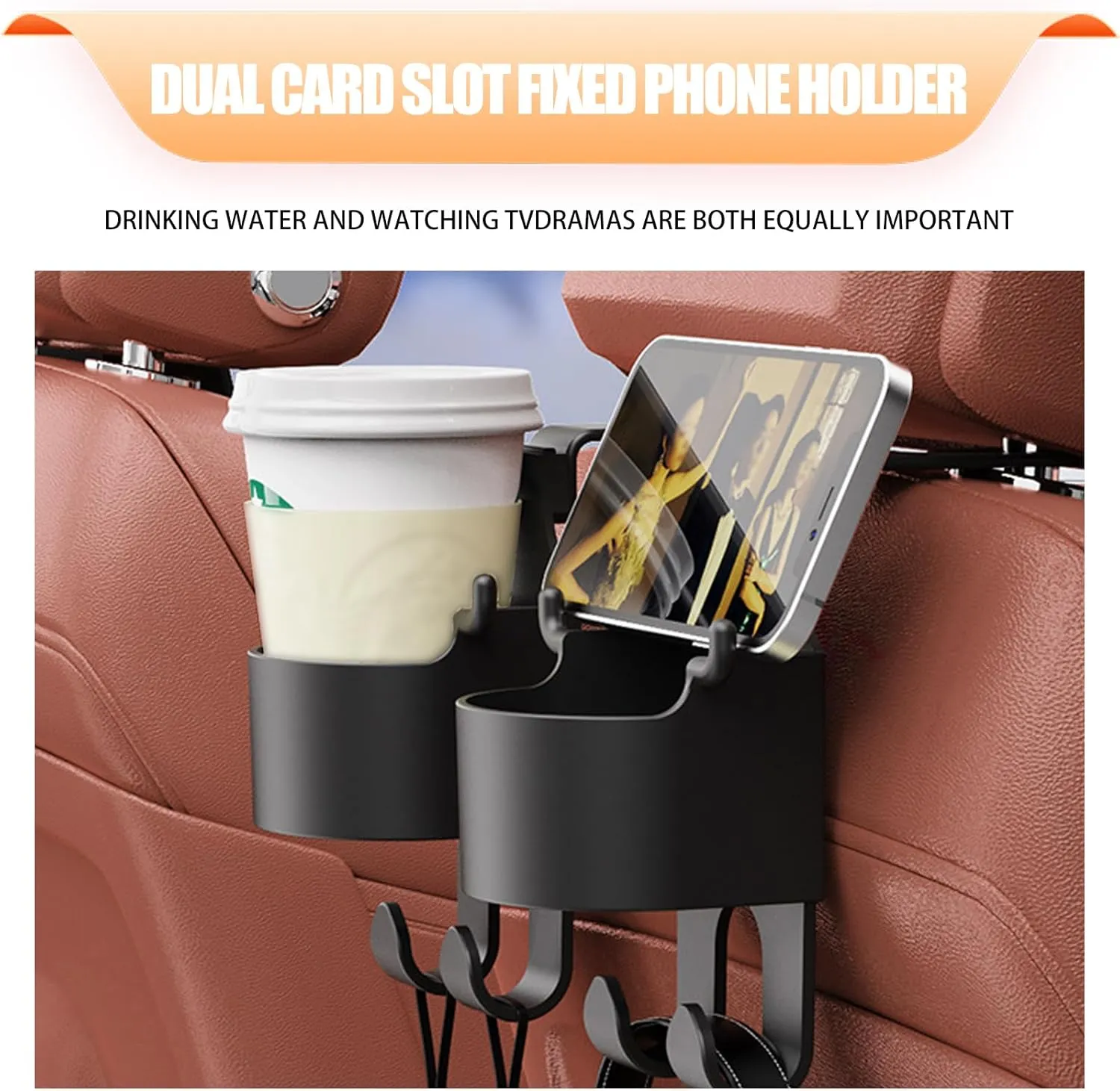 2 PCS Car Seat Backrest Hook, Multifunctional Hanging Storage Water Cup Holder Trash Can with Hook, Mobile Phone Holder Portable Travel Interior Accessories, Universal for Cars Trucks (Black)