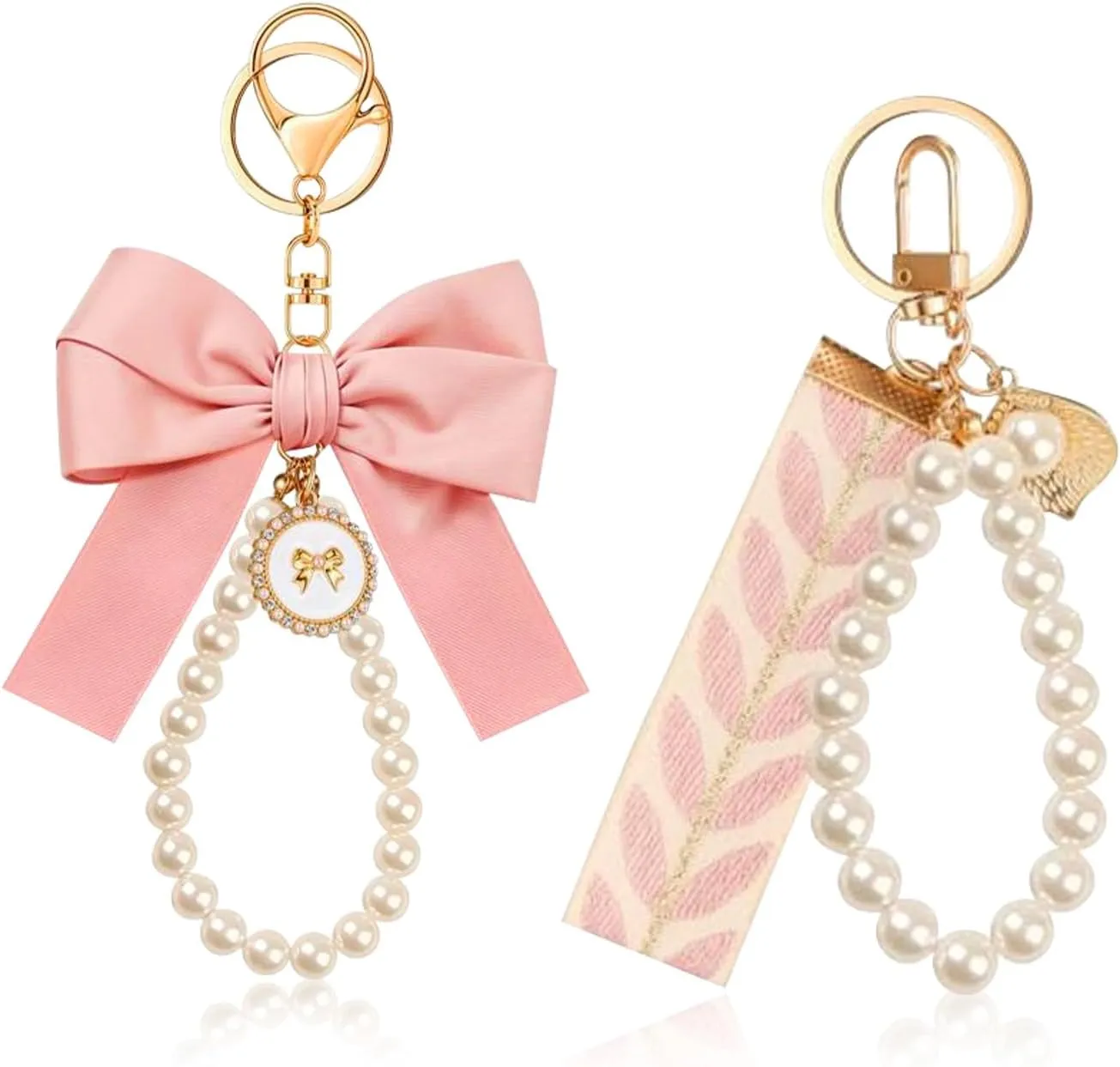 2PCS Cute Bow Keychain for Women, Pearl Key Chains for Car Keys, Coquette Bow Keychain Accessories Charms, Ribbon Bag Charm for Purses and Backpacks (Pink Pink)