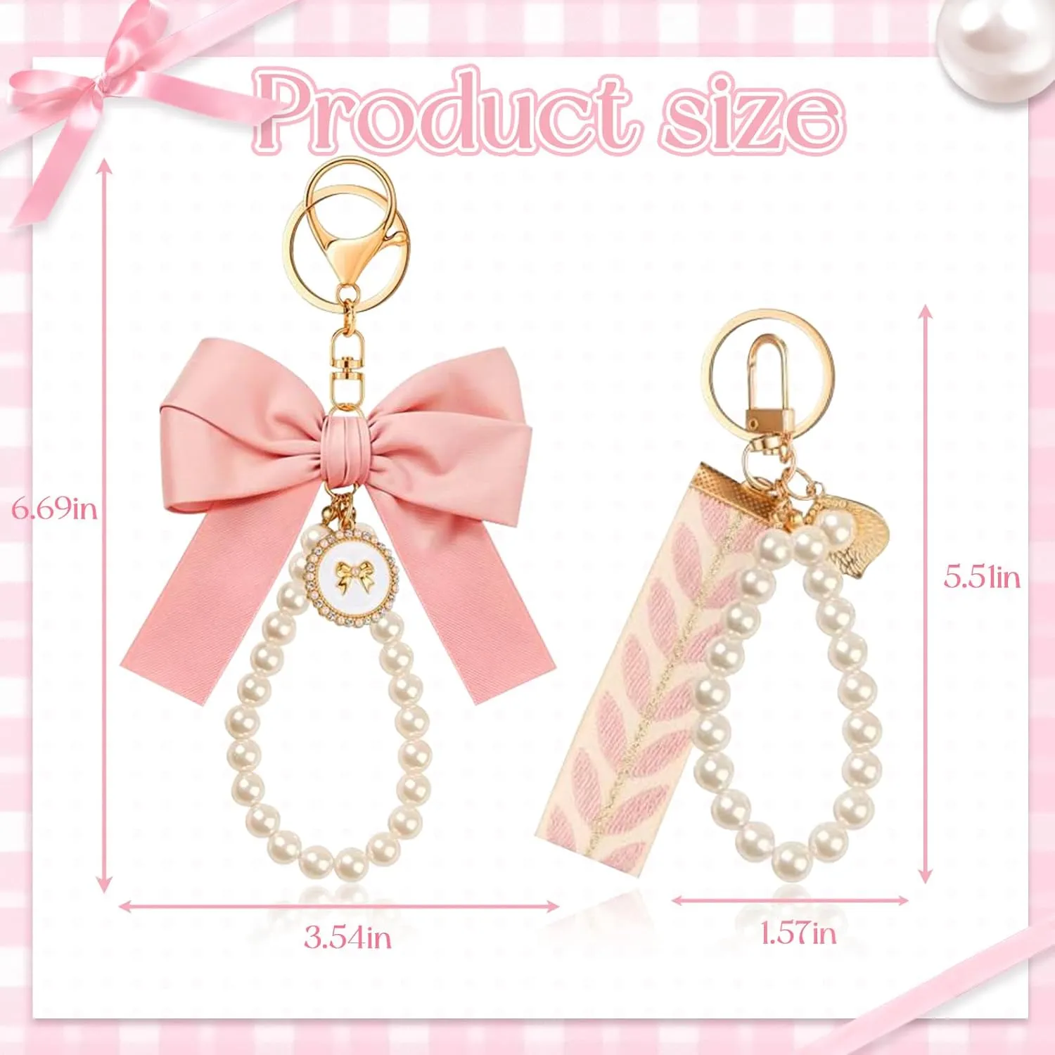 2PCS Cute Bow Keychain for Women, Pearl Key Chains for Car Keys, Coquette Bow Keychain Accessories Charms, Ribbon Bag Charm for Purses and Backpacks (Pink Pink)