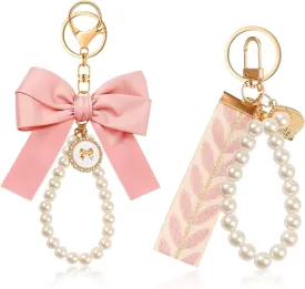 2PCS Cute Bow Keychain for Women, Pearl Key Chains for Car Keys, Coquette Bow Keychain Accessories Charms, Ribbon Bag Charm for Purses and Backpacks (Pink Pink)