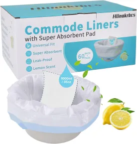 60 Pack Commode Liners with Absorbent Pads(Lemon Scent),Bedside Commode Liners Disposable for Portable Toilet,Adult Commode Chair Bucket & Porta Potty,Camping Toilet Bags
