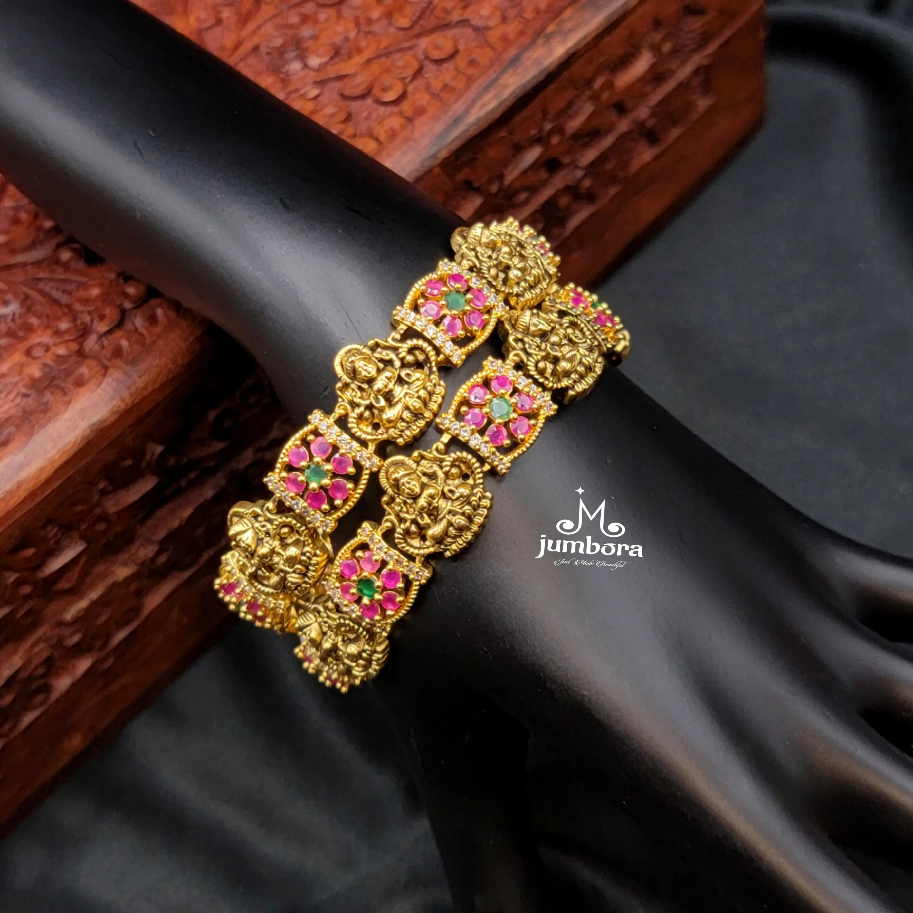 Antique Gold Lakshmi Bangle with Ruby, Green, & White AD Stone
