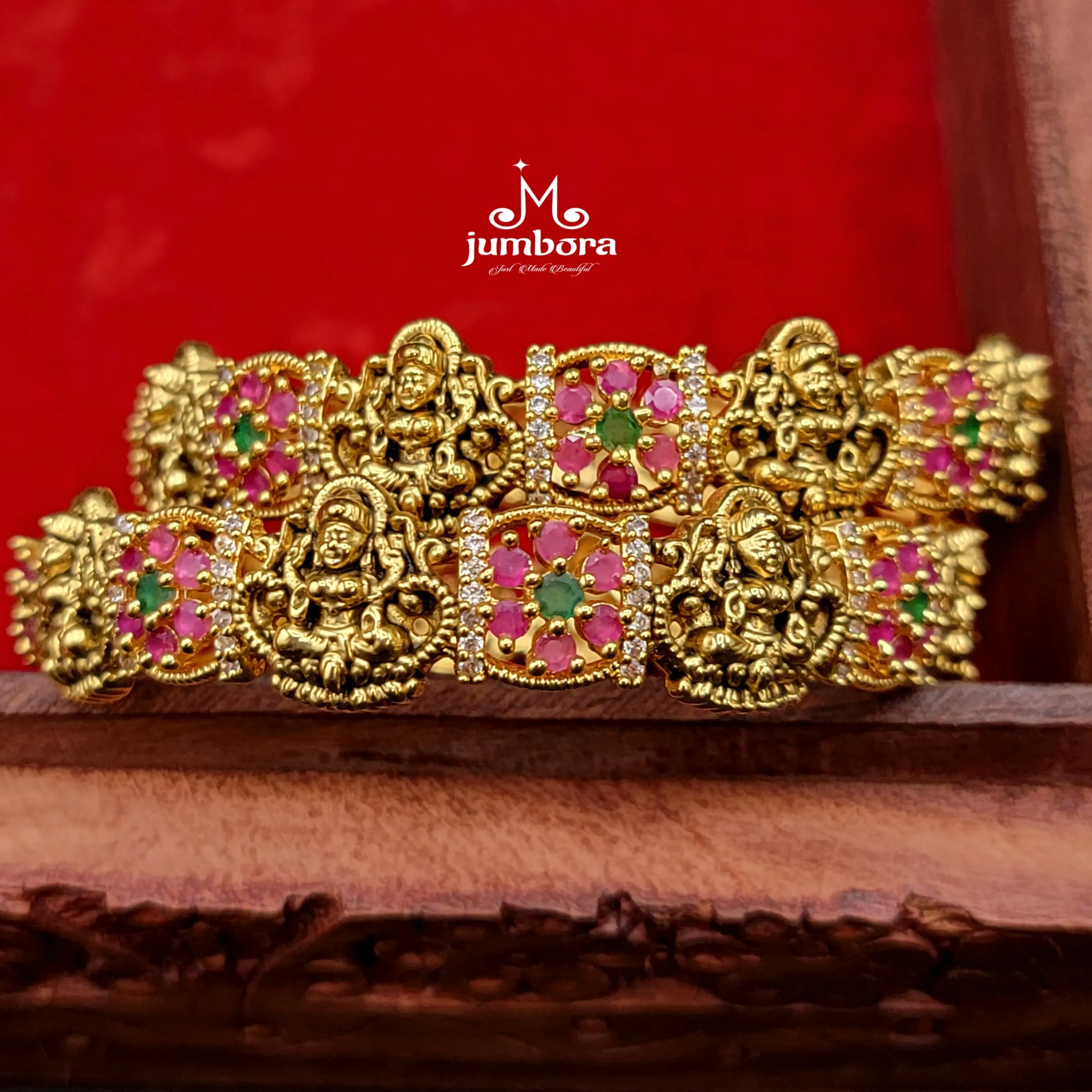 Antique Gold Lakshmi Bangle with Ruby, Green, & White AD Stone