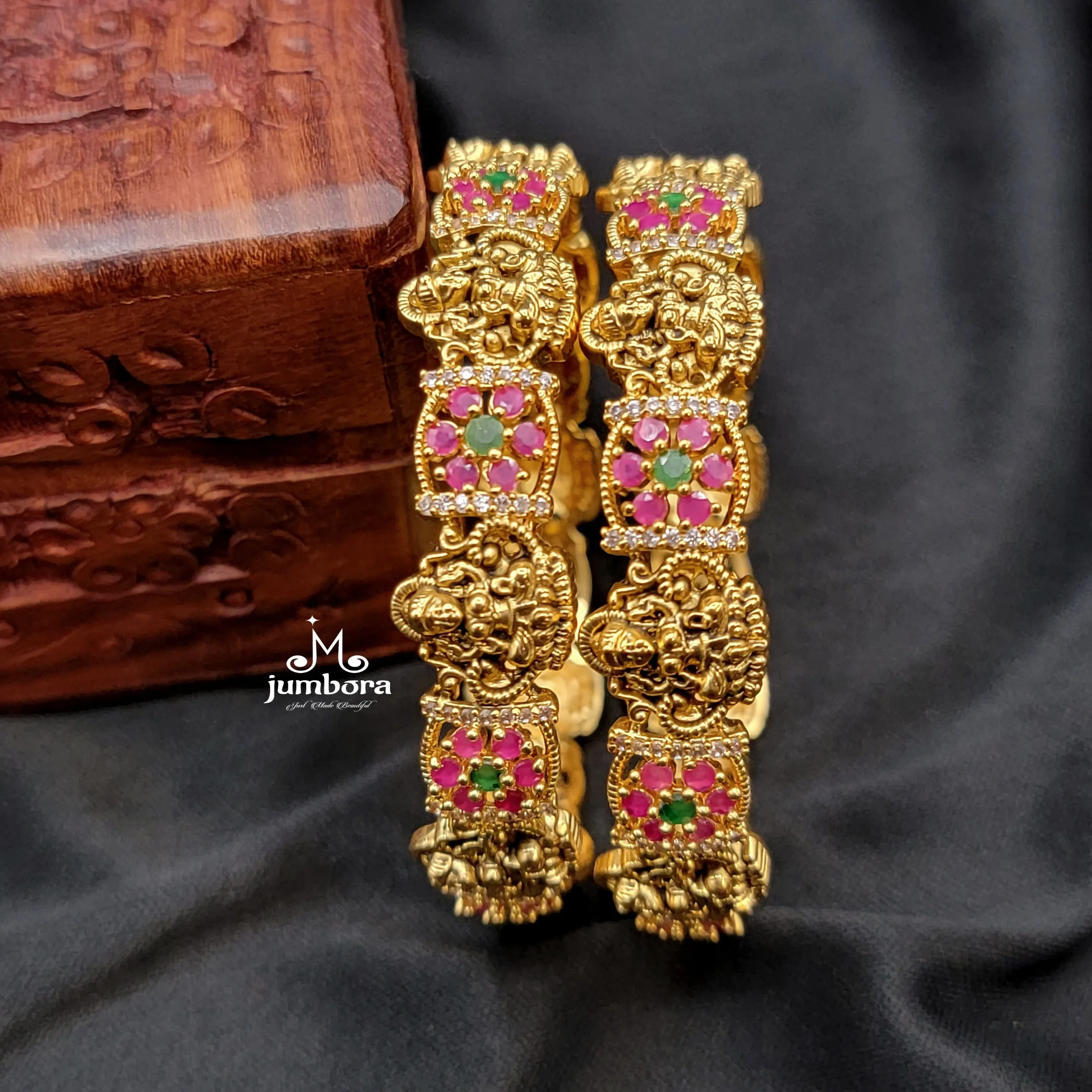Antique Gold Lakshmi Bangle with Ruby, Green, & White AD Stone