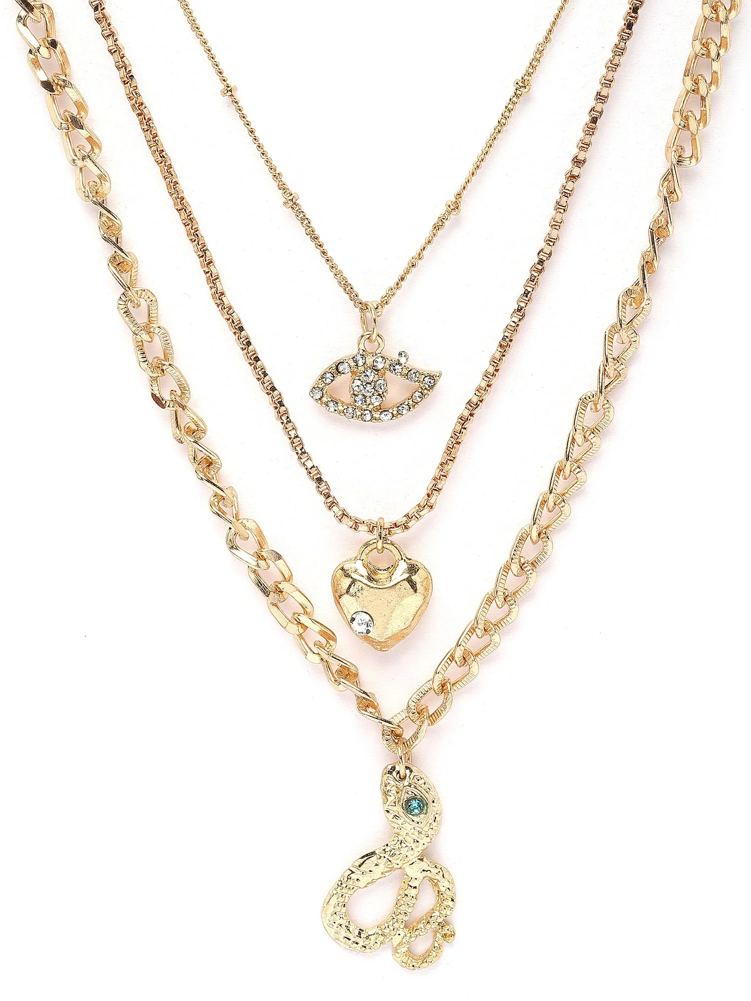 Bohey by KARATCART Gold Plated Snake and Heart Multicharm Multilayered Chain Necklace for Women
