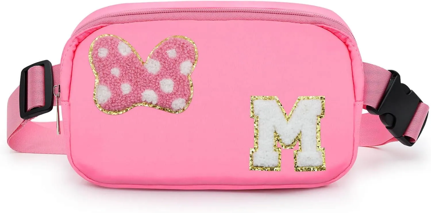Chenille Initial Letter Bow Mouse Fanny Pack, Waterproof Park Crossbody Bag Christmas Birthday Gifts for Teen Girls Daughter Women Kids Adults, Cute Belt Bag Must Haves for Park Travel (M, Pink)