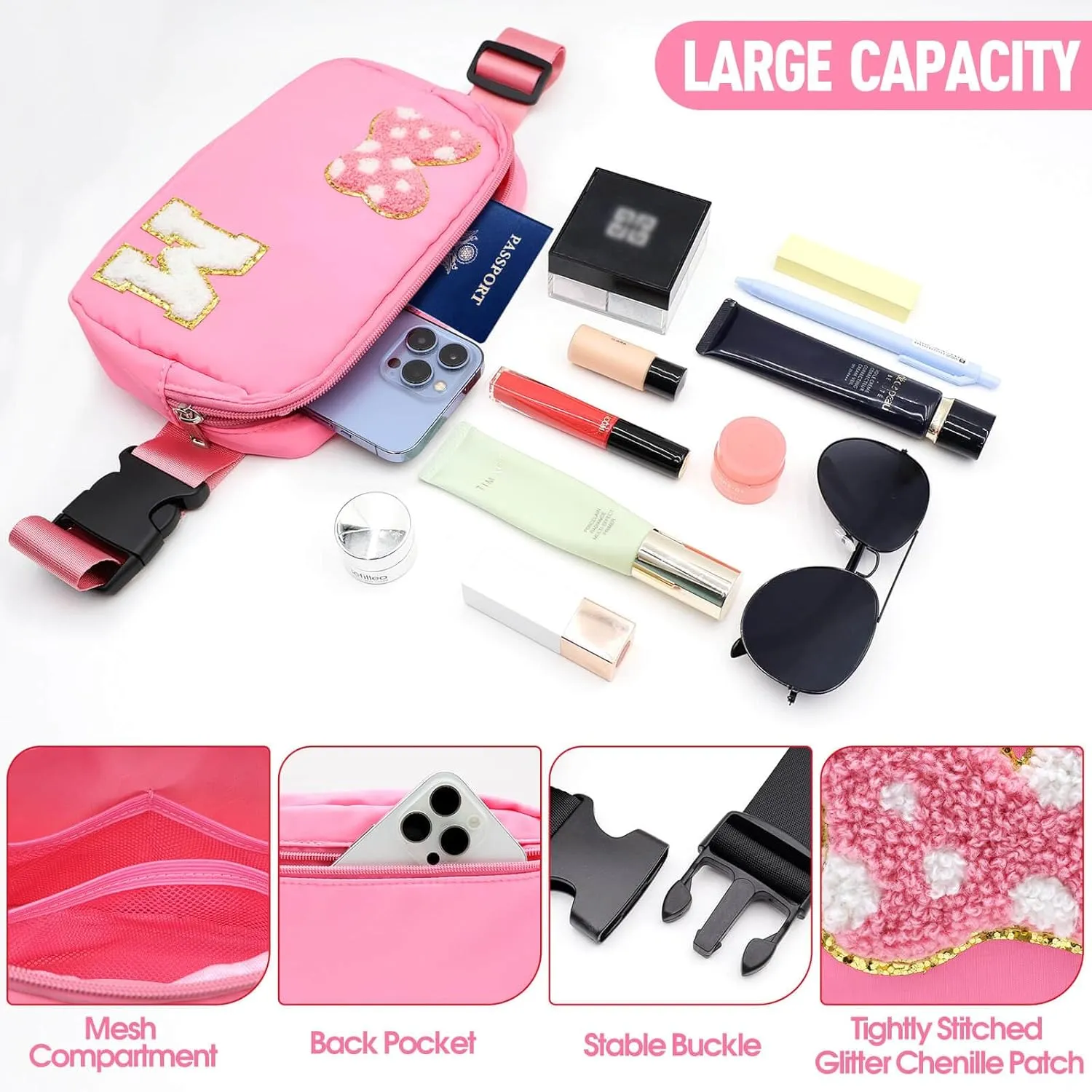 Chenille Initial Letter Bow Mouse Fanny Pack, Waterproof Park Crossbody Bag Christmas Birthday Gifts for Teen Girls Daughter Women Kids Adults, Cute Belt Bag Must Haves for Park Travel (M, Pink)