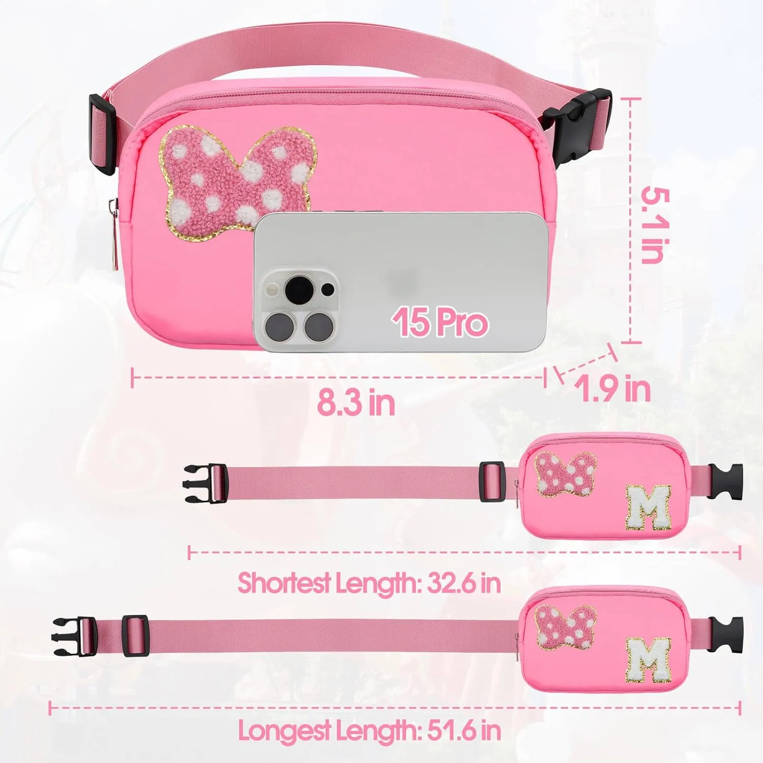 Chenille Initial Letter Bow Mouse Fanny Pack, Waterproof Park Crossbody Bag Christmas Birthday Gifts for Teen Girls Daughter Women Kids Adults, Cute Belt Bag Must Haves for Park Travel (M, Pink)