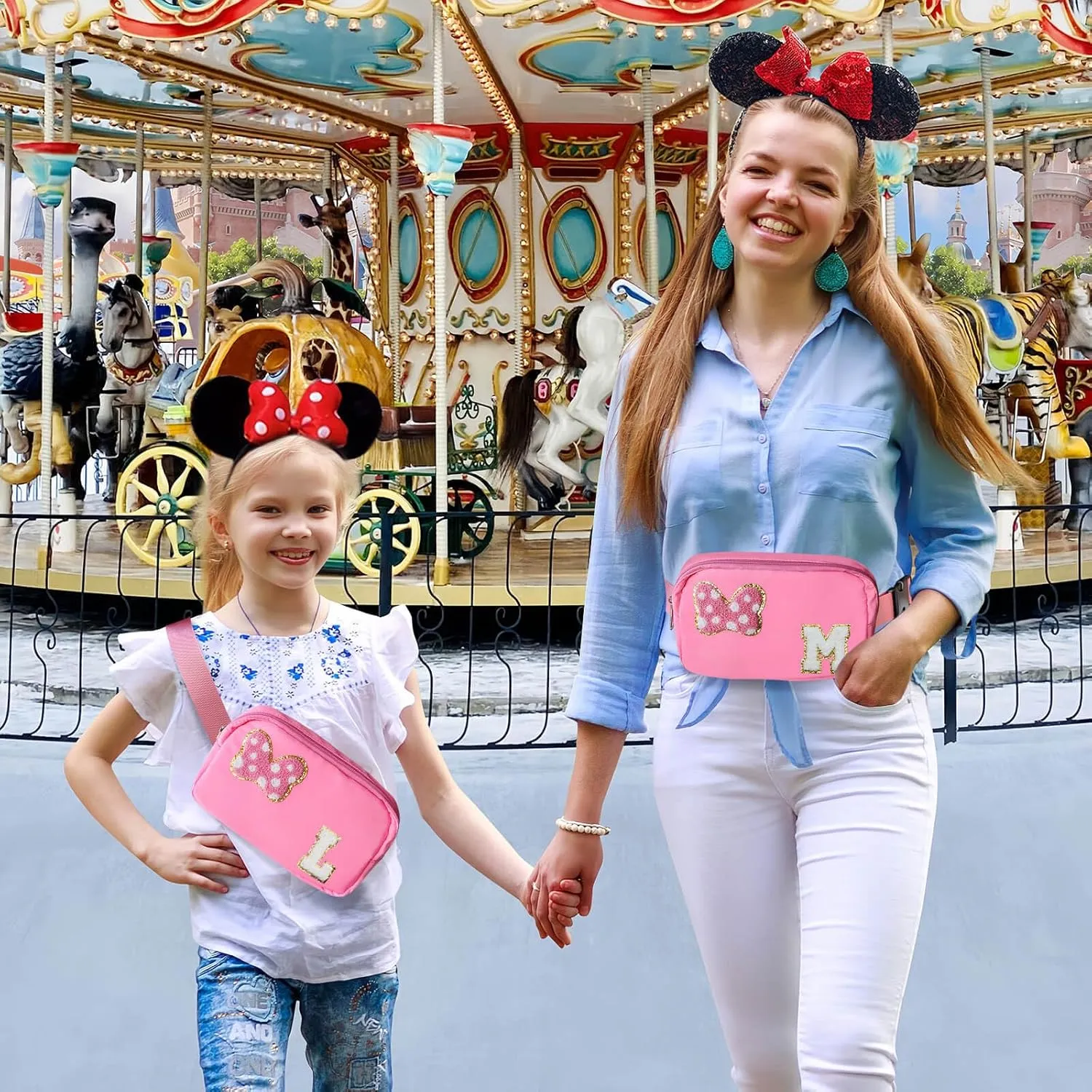 Chenille Initial Letter Bow Mouse Fanny Pack, Waterproof Park Crossbody Bag Christmas Birthday Gifts for Teen Girls Daughter Women Kids Adults, Cute Belt Bag Must Haves for Park Travel (M, Pink)