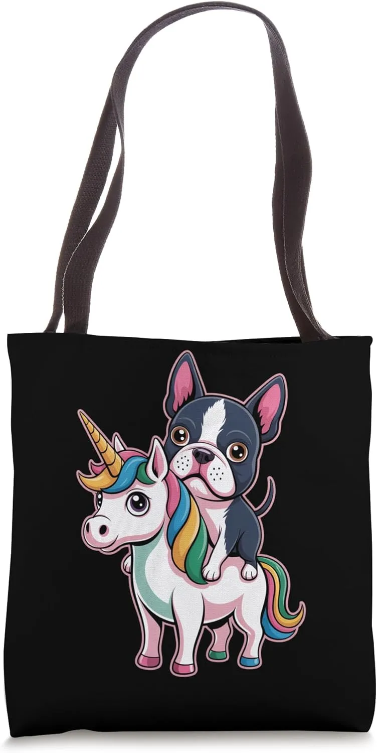 Cute Chibi Unicorn with Boston Terrier Tote Bag