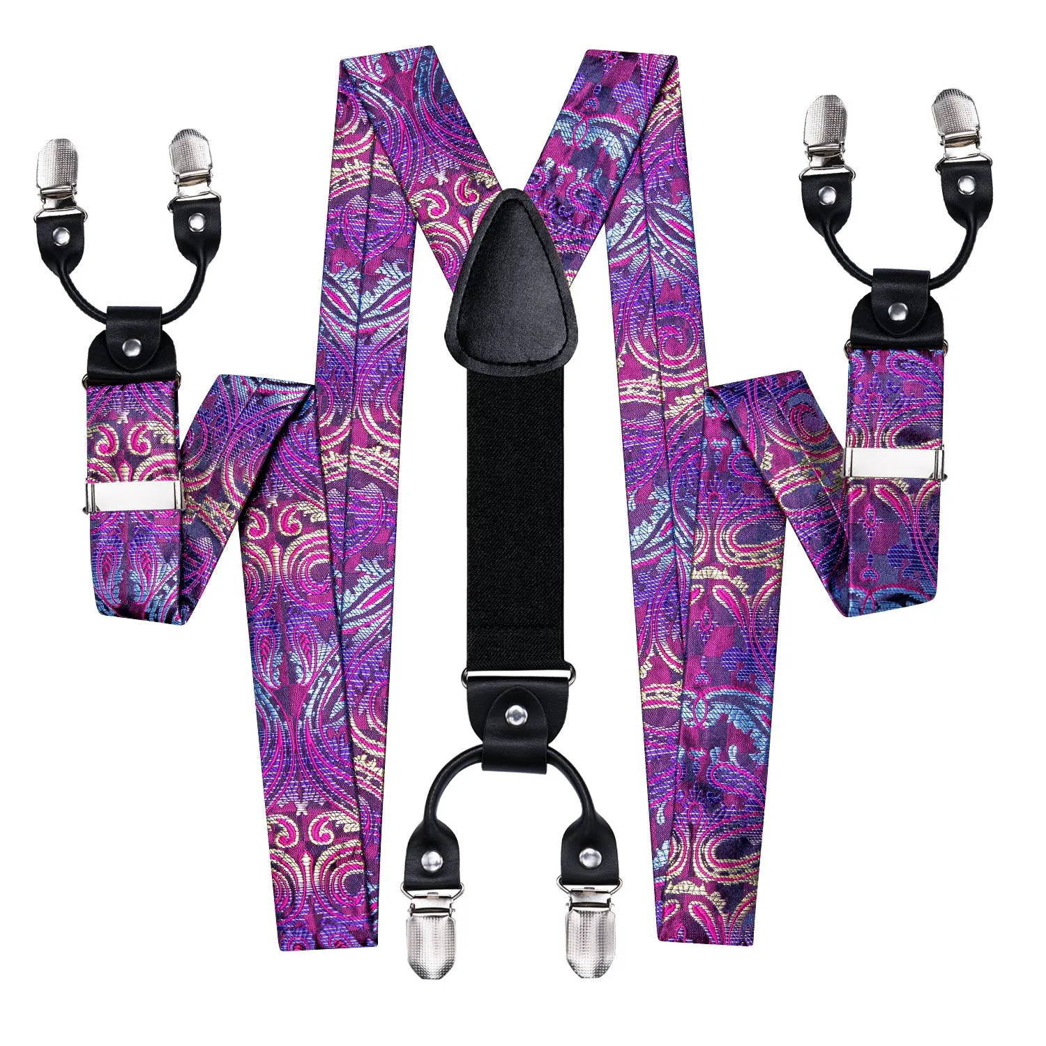 Hi-Tie Purple Paisley and Floral Men's Suspender Bowtie Pocket Square Cufflinks Set