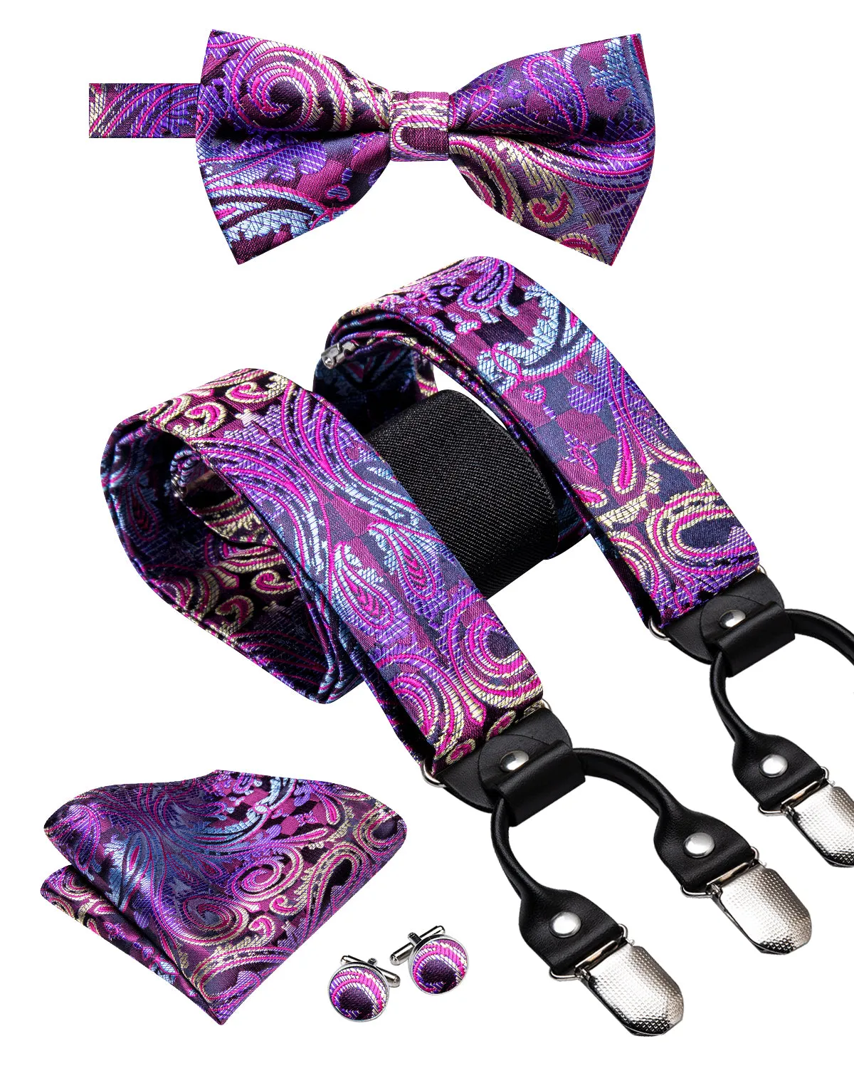 Hi-Tie Purple Paisley and Floral Men's Suspender Bowtie Pocket Square Cufflinks Set