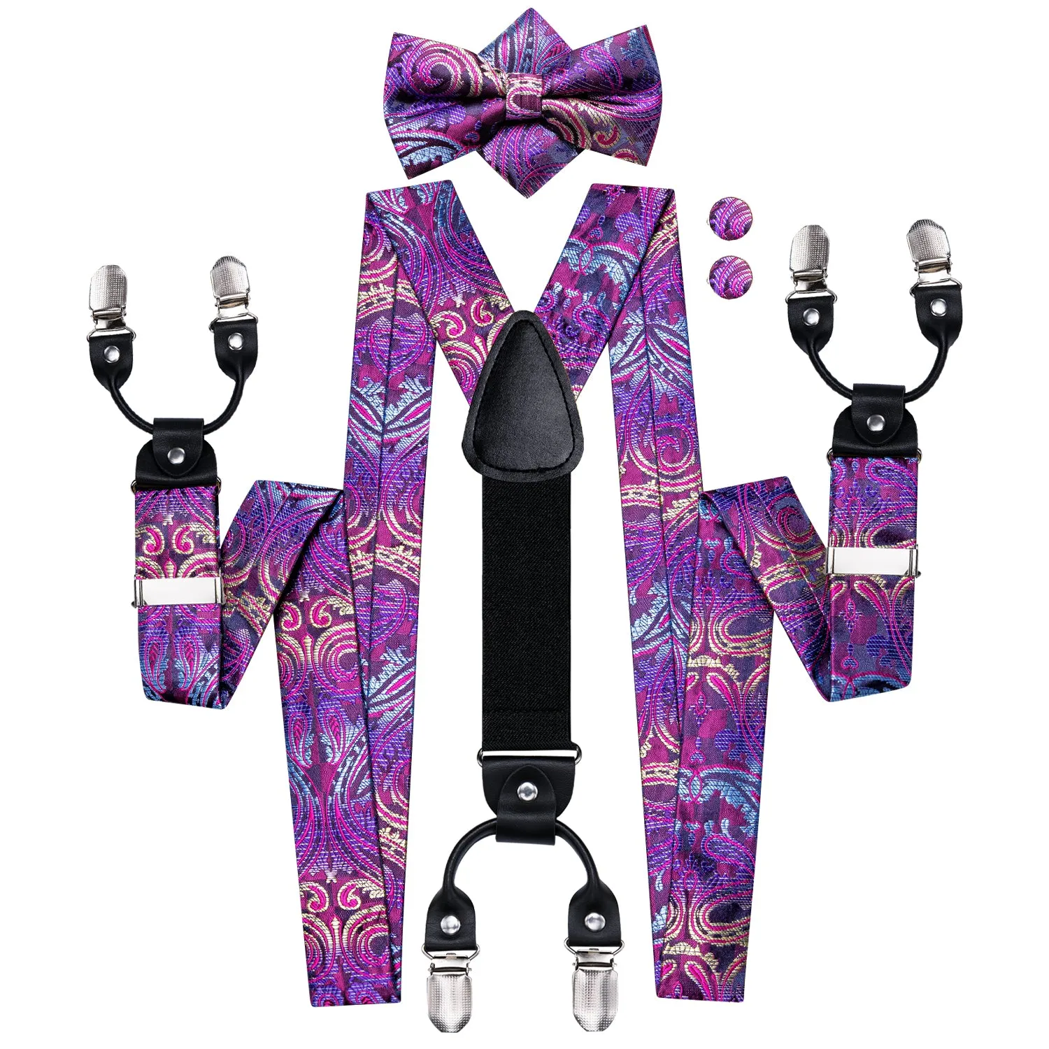 Hi-Tie Purple Paisley and Floral Men's Suspender Bowtie Pocket Square Cufflinks Set