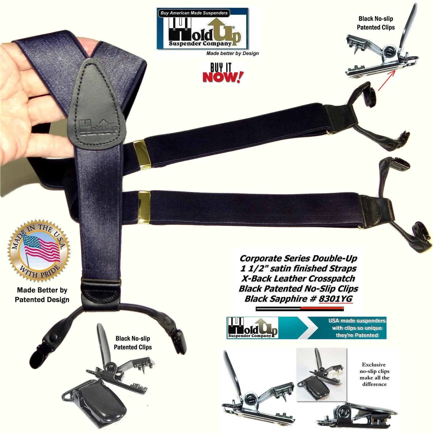 Holdup Black Sapphire 1 1/2" Wide Satin Finish Double-ups Style suspenders with Patented No-slip clips