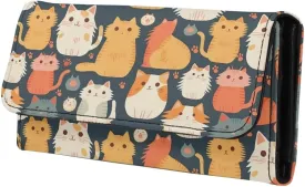 Kawaii Kitty Cat Print Women Wallet Slim Long Trifold Clutch Checkbook Wallets with Zipper Pocket, Cartoon Cats Pattern PU Leathers Wallet Purse Credit Card Holder