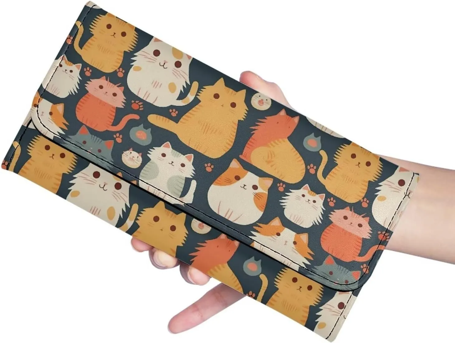 Kawaii Kitty Cat Print Women Wallet Slim Long Trifold Clutch Checkbook Wallets with Zipper Pocket, Cartoon Cats Pattern PU Leathers Wallet Purse Credit Card Holder