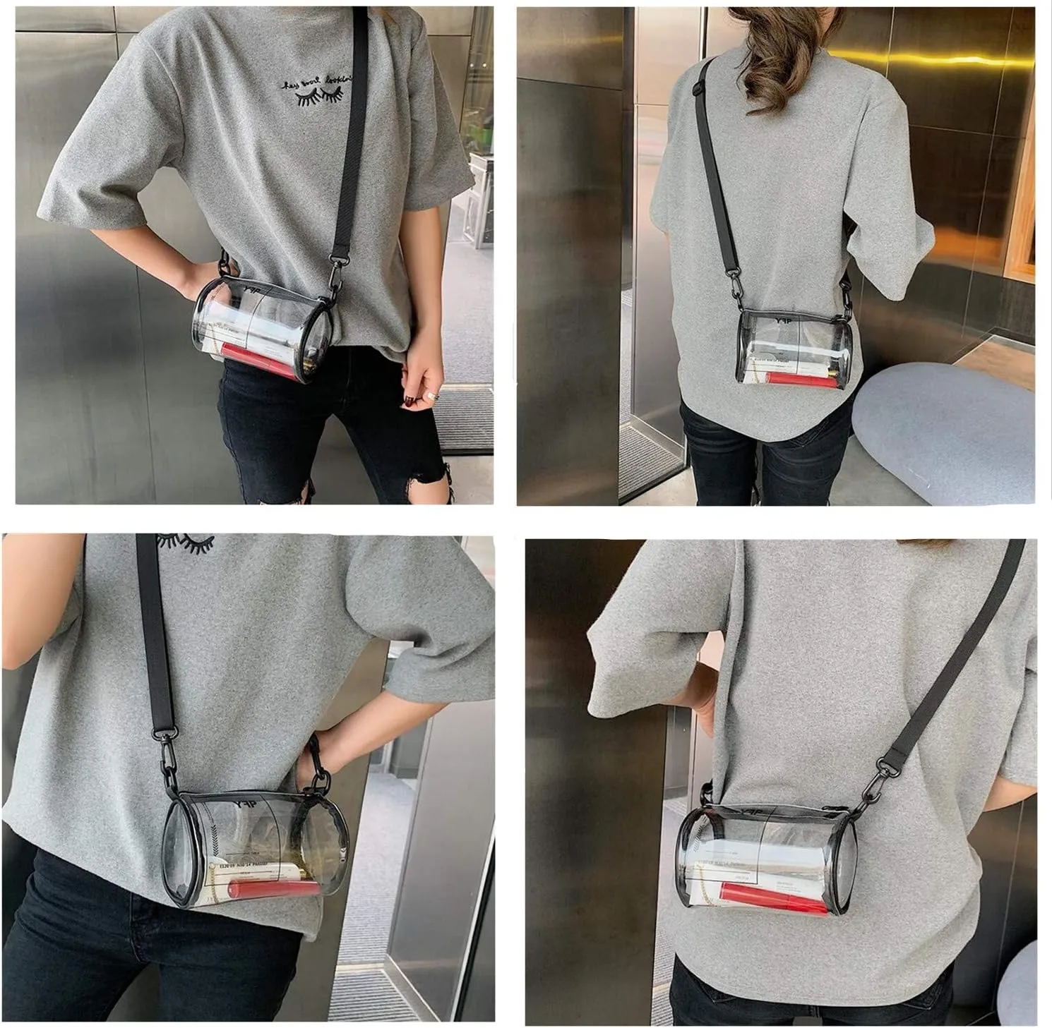 Ladies Clear Unique Design Round Transparent PVC Cylindrical Bucket Transparent Purse Diagonal Shoulder Bag-Transparent