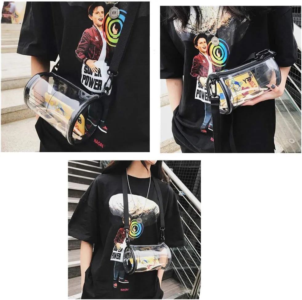 Ladies Clear Unique Design Round Transparent PVC Cylindrical Bucket Transparent Purse Diagonal Shoulder Bag-Transparent