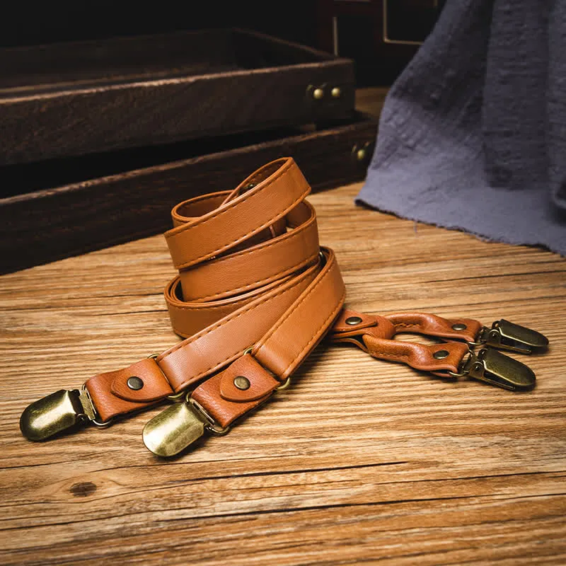 Light Brown Vintage Adjustable Leather Suspenders
