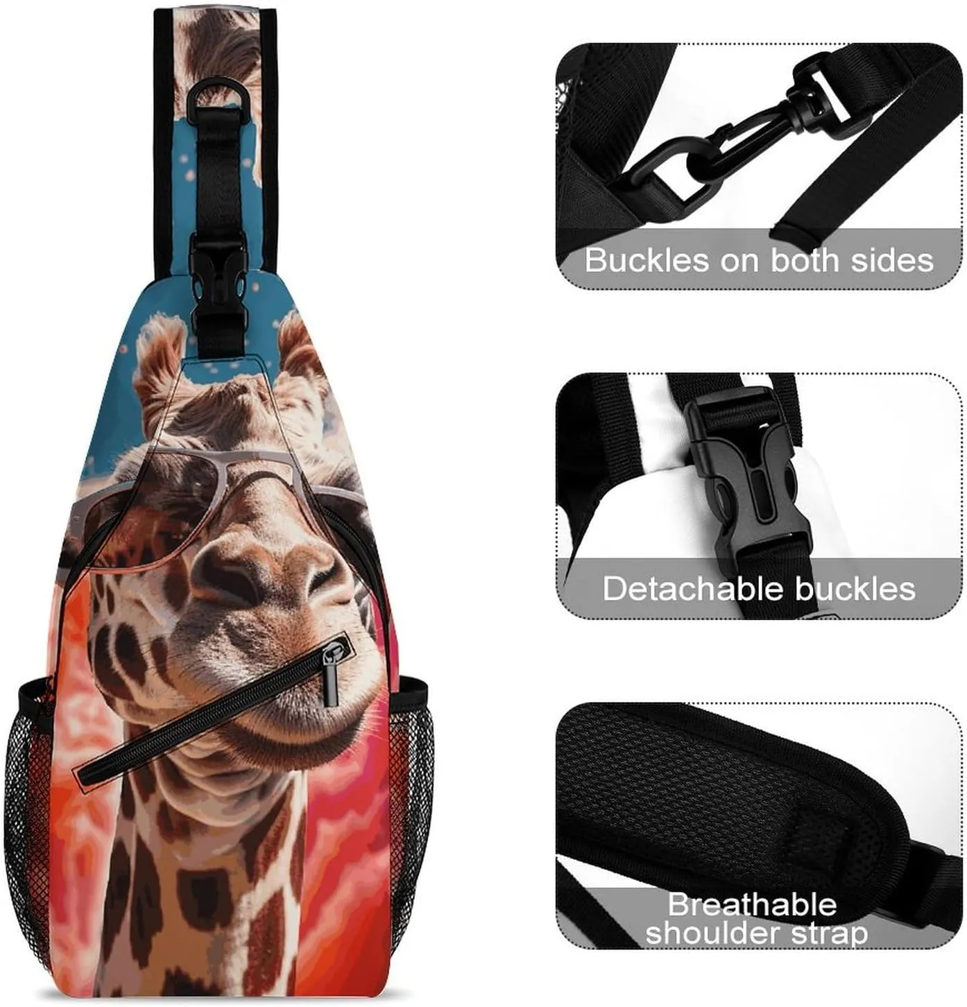 Lightweight Chest Bag Crossbody Bag Giraffe Wearing Sunglasses Sling Backpack for Women Men Sports Travel