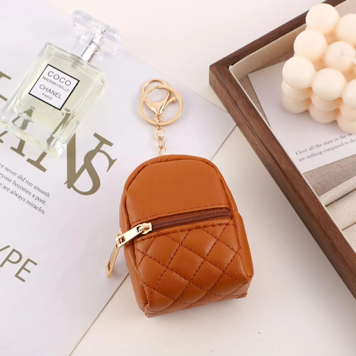Mini Backpack Cute Cosmetic Bag for Women, Creative Cute Pendant Keychain Key-chains Keyrings PU Leather Makeup Bag Key Pocket Lipstick Bag Card Holder Data Cable Organizer Zipper Pouch (Brown)