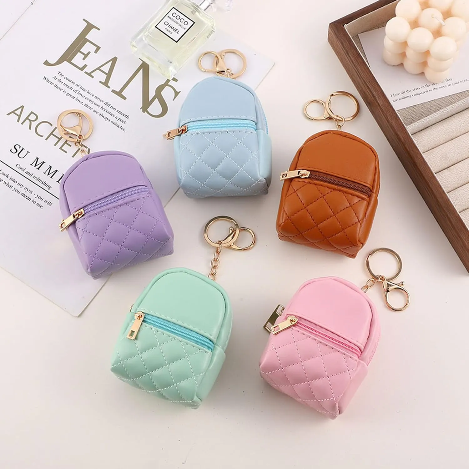 Mini Backpack Cute Cosmetic Bag for Women, Creative Cute Pendant Keychain Key-chains Keyrings PU Leather Makeup Bag Key Pocket Lipstick Bag Card Holder Data Cable Organizer Zipper Pouch (Brown)