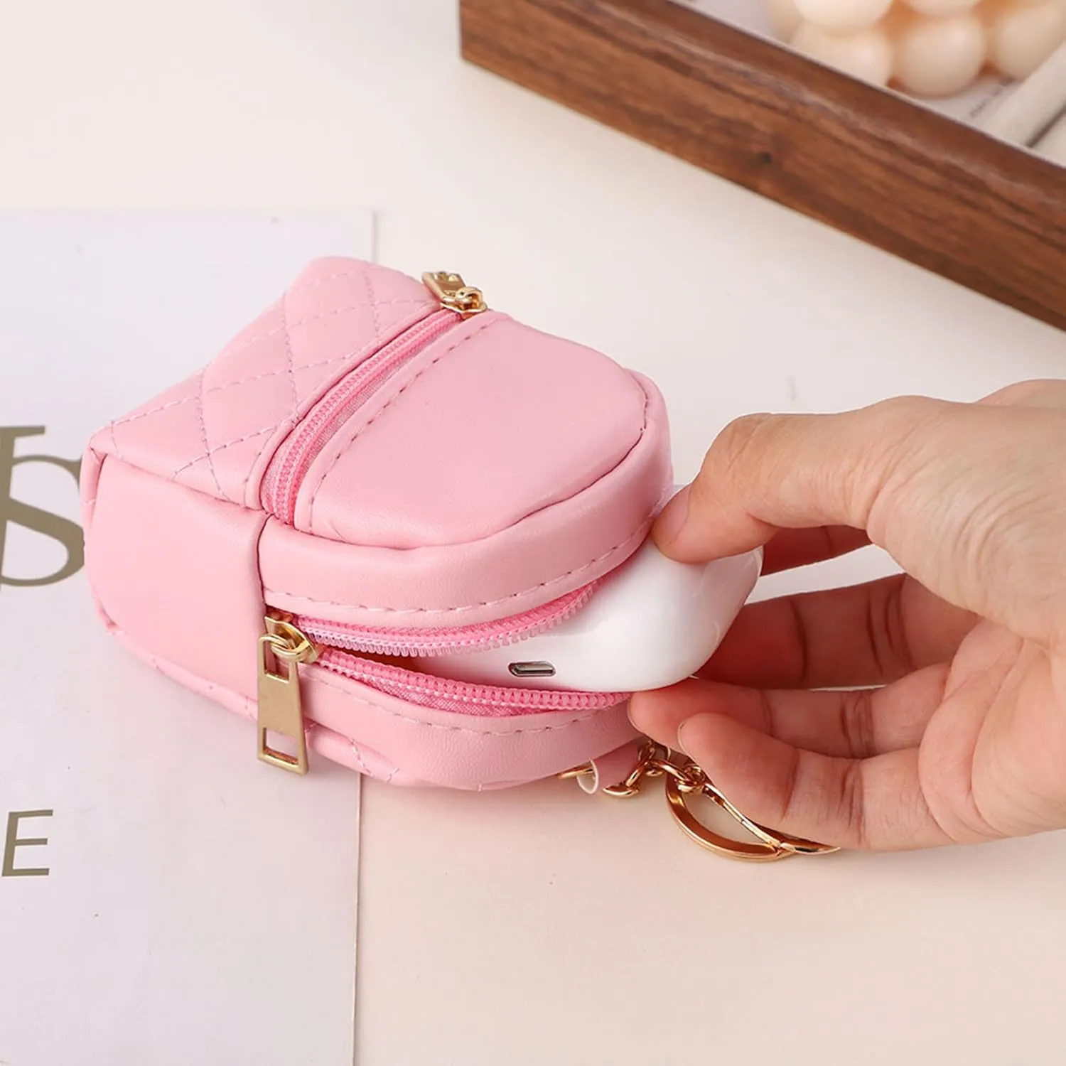 Mini Backpack Cute Cosmetic Bag for Women, Creative Cute Pendant Keychain Key-chains Keyrings PU Leather Makeup Bag Key Pocket Lipstick Bag Card Holder Data Cable Organizer Zipper Pouch (Deep pink)