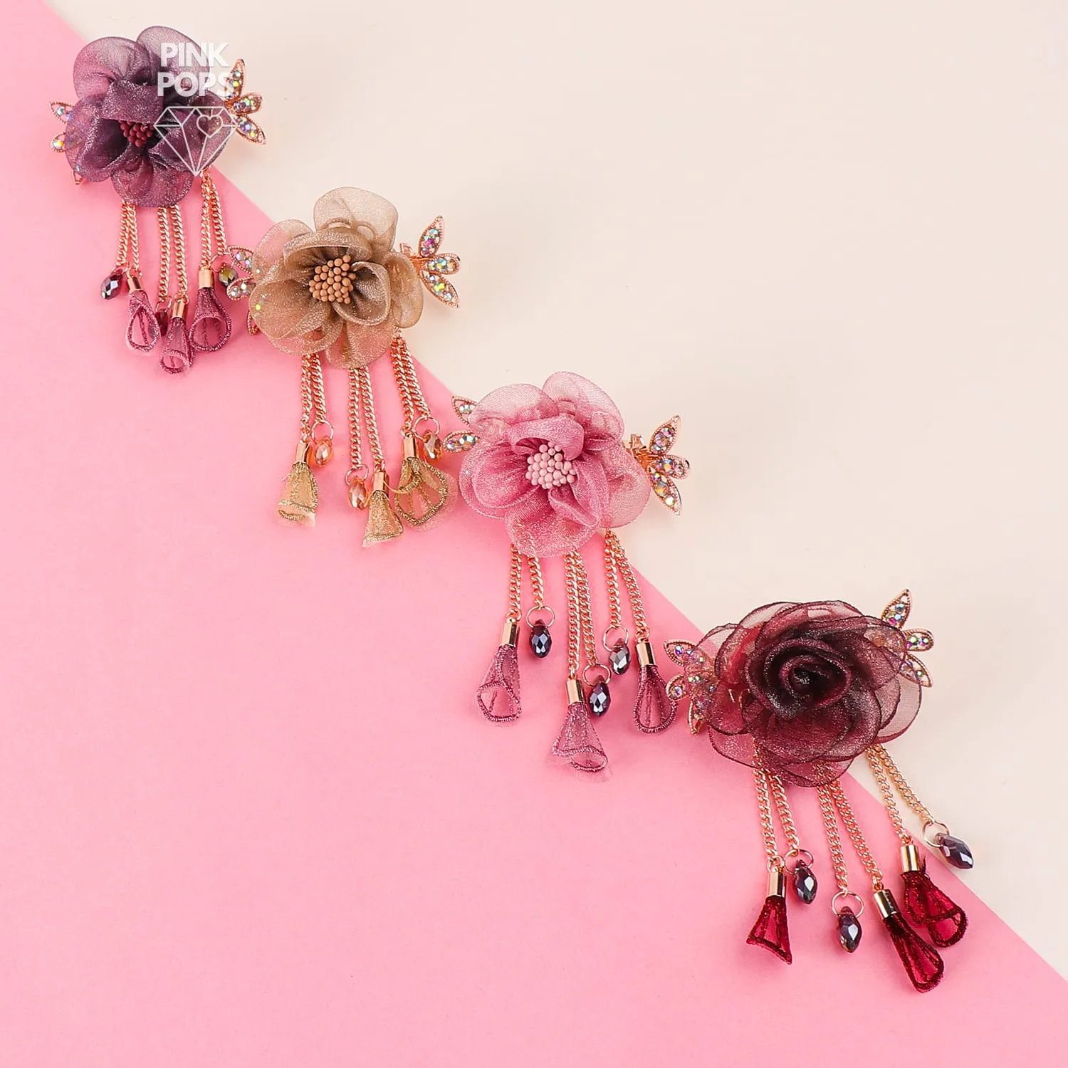 Organza Flower With Studded Stones Hair Clips