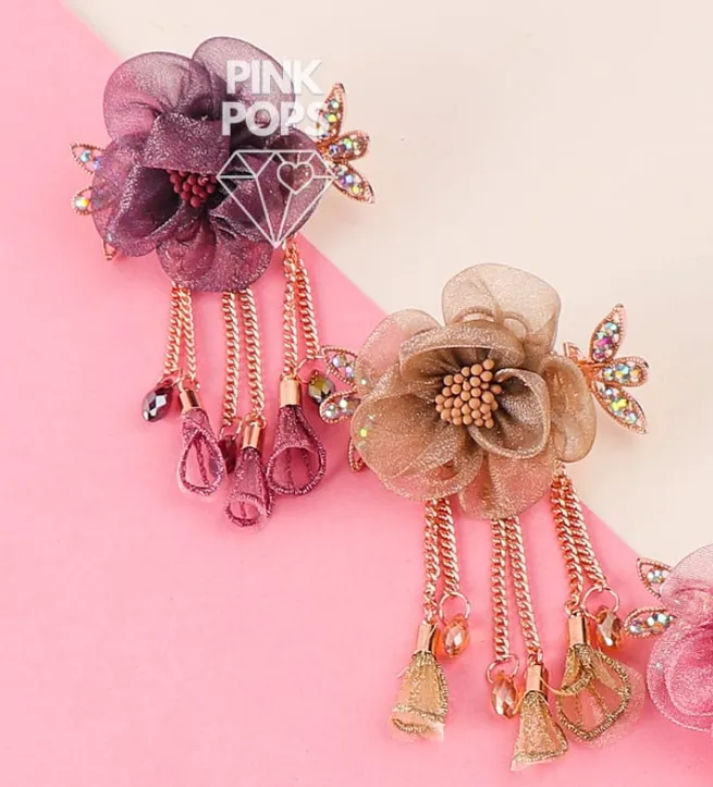 Organza Flower With Studded Stones Hair Clips