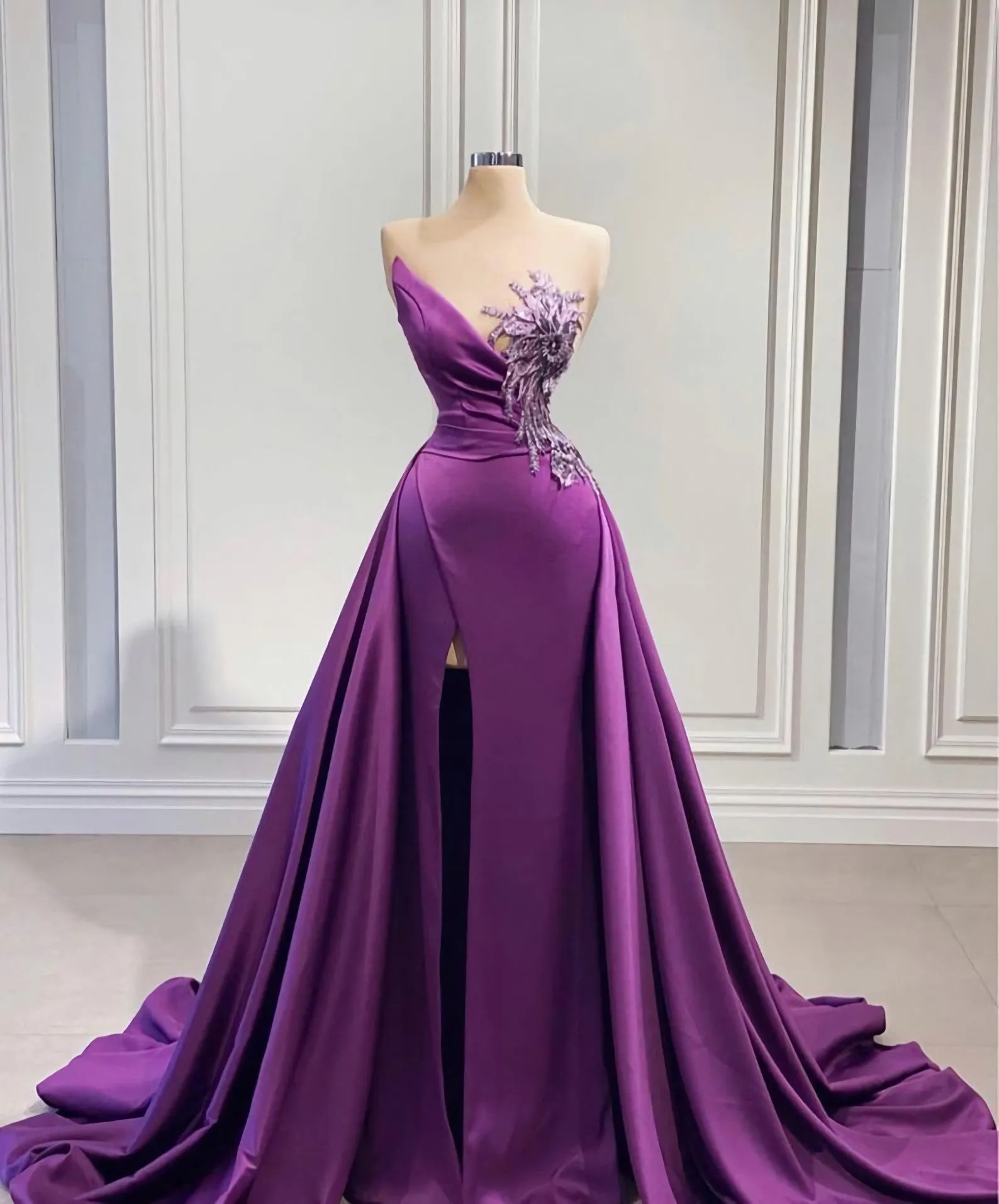 Purple Mermaid Dress With High Slit Detachable Train Wedding Reception Dress Satin Lace Wedding Dress African Prom Dress Evening Dress