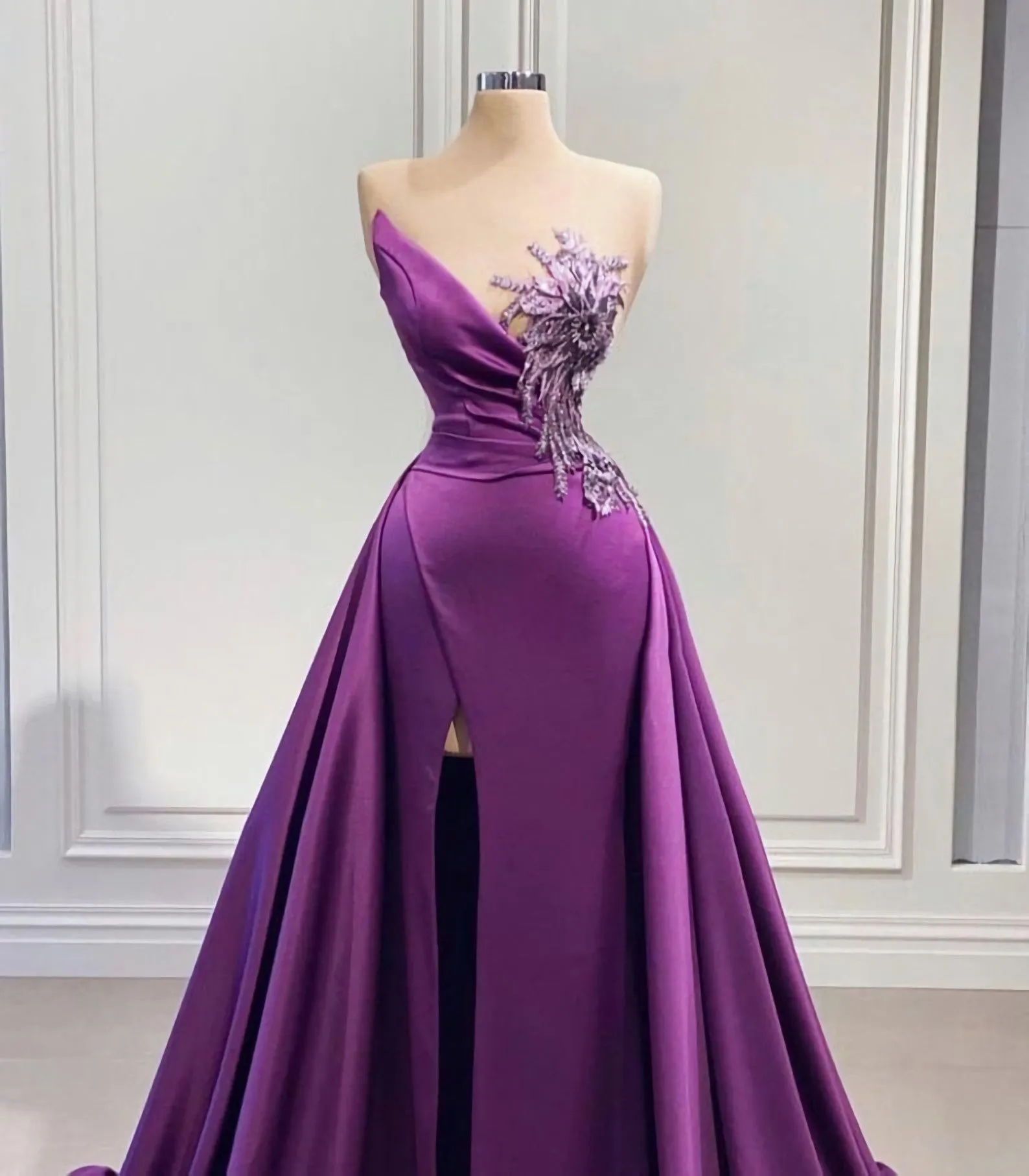 Purple Mermaid Dress With High Slit Detachable Train Wedding Reception Dress Satin Lace Wedding Dress African Prom Dress Evening Dress