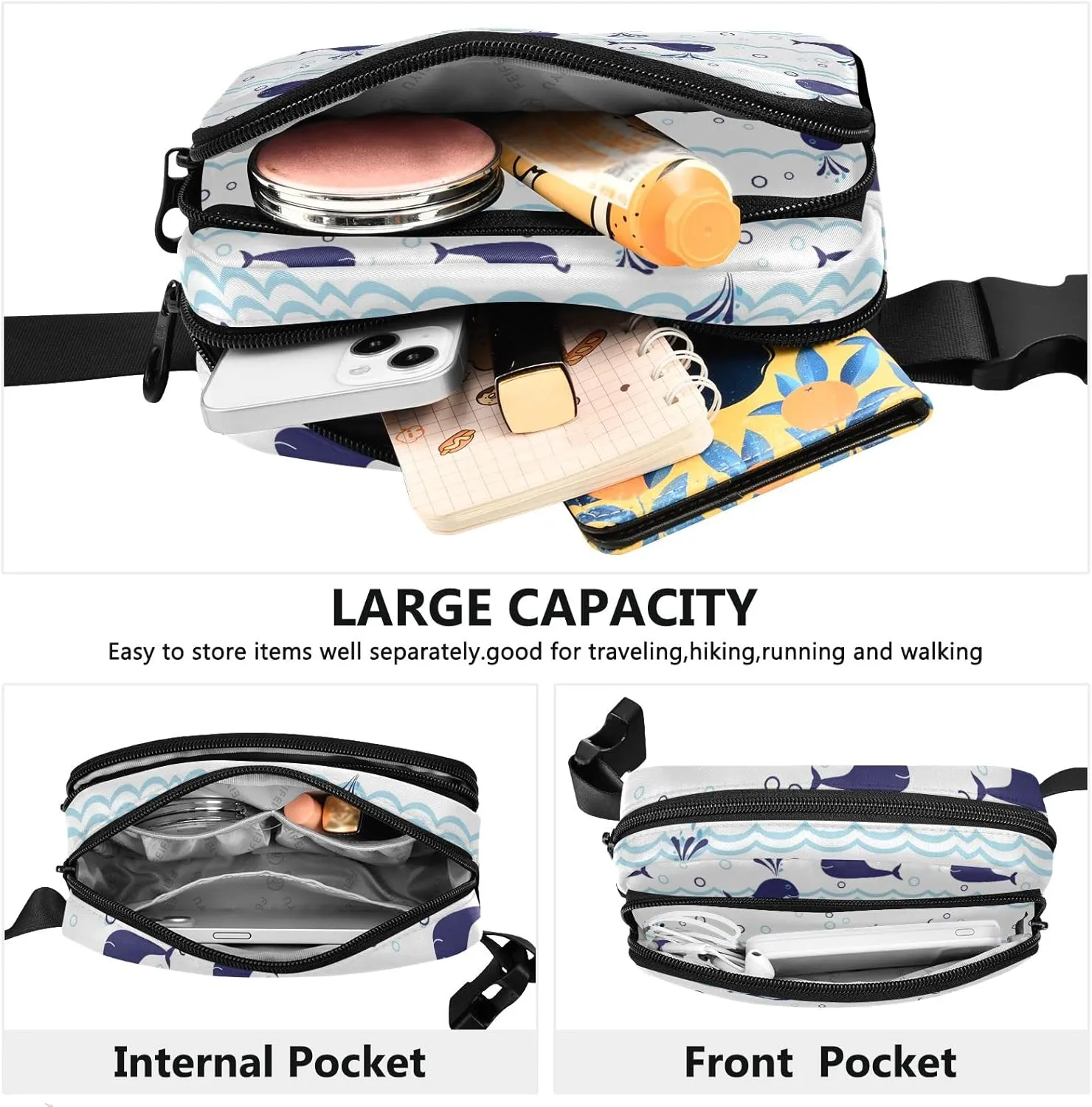 Seamless Ocean Waves Water Drop Circles Background with Blue Whales Adjustable Fanny Waist Pack Pouch, Waterproof Runners Sports Waist Pack Wallet for Sports Hiking Fitness Cycling Gym Women Men