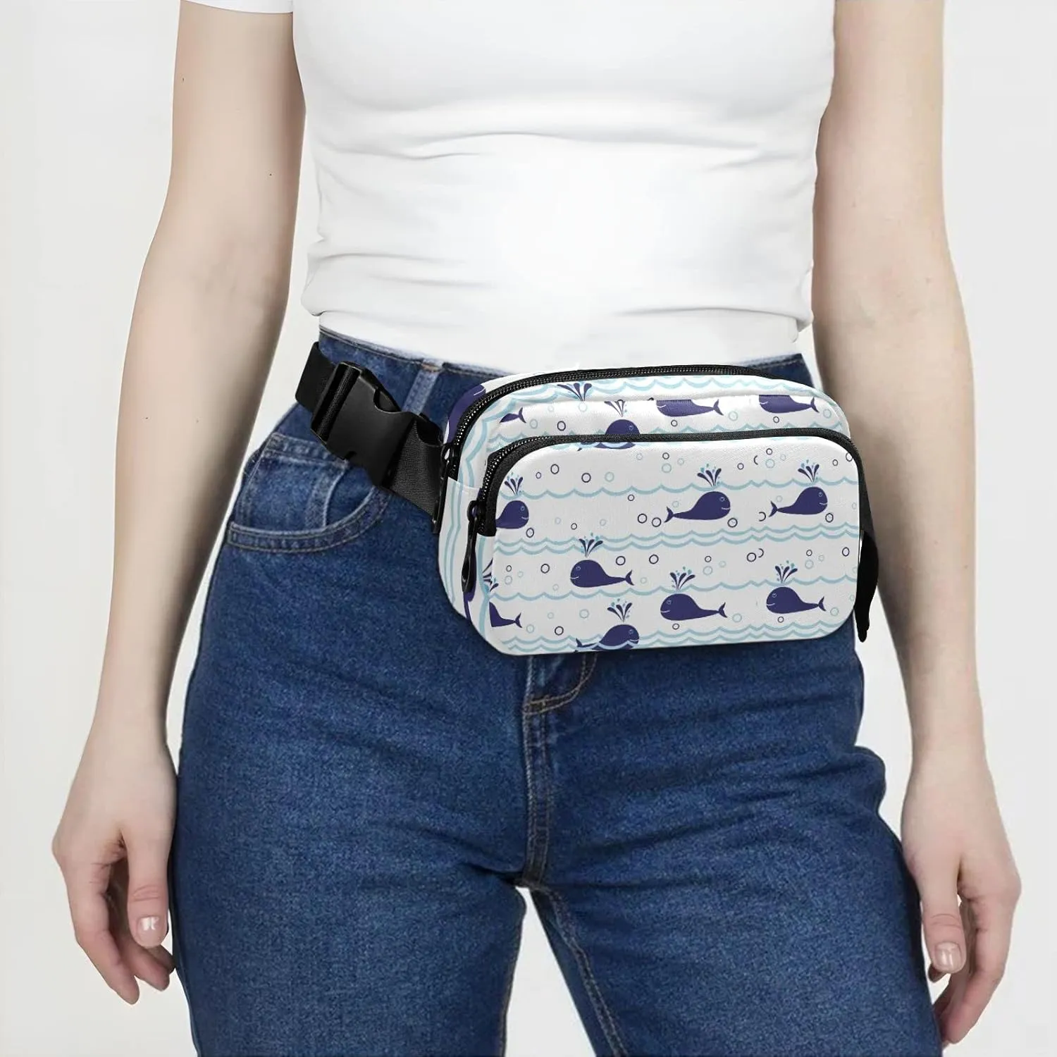 Seamless Ocean Waves Water Drop Circles Background with Blue Whales Adjustable Fanny Waist Pack Pouch, Waterproof Runners Sports Waist Pack Wallet for Sports Hiking Fitness Cycling Gym Women Men