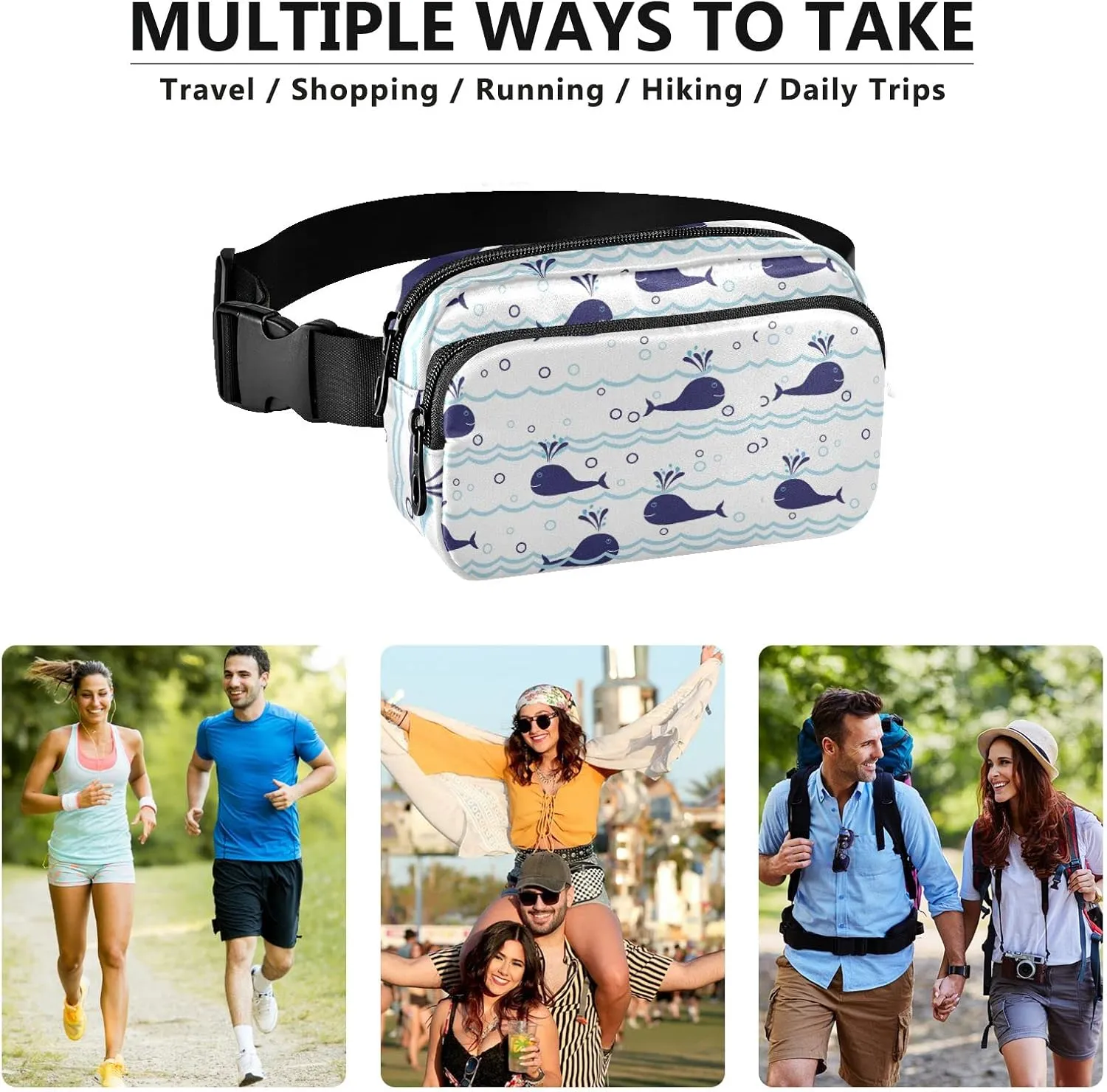 Seamless Ocean Waves Water Drop Circles Background with Blue Whales Adjustable Fanny Waist Pack Pouch, Waterproof Runners Sports Waist Pack Wallet for Sports Hiking Fitness Cycling Gym Women Men
