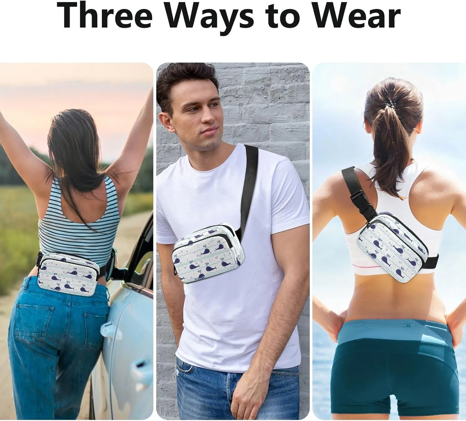 Seamless Ocean Waves Water Drop Circles Background with Blue Whales Adjustable Fanny Waist Pack Pouch, Waterproof Runners Sports Waist Pack Wallet for Sports Hiking Fitness Cycling Gym Women Men