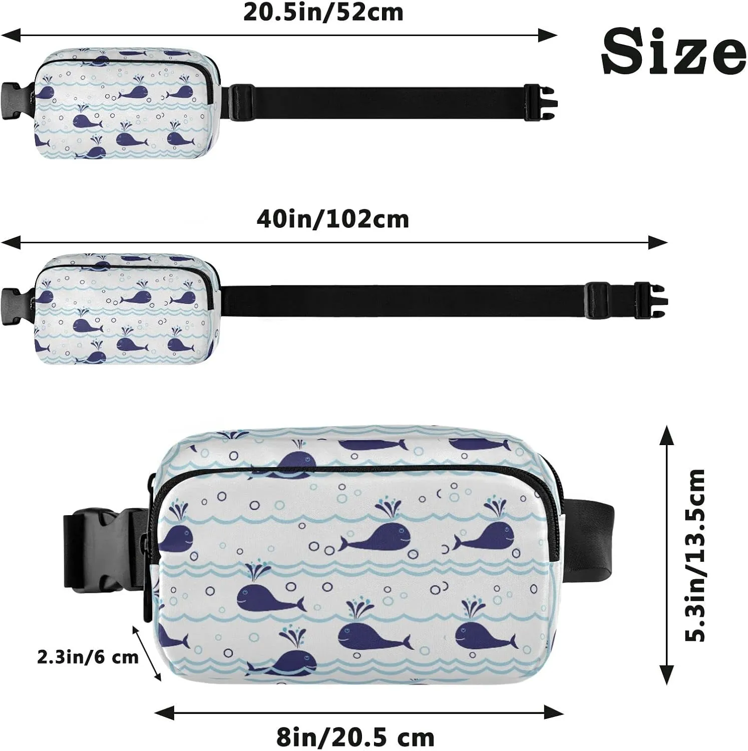 Seamless Ocean Waves Water Drop Circles Background with Blue Whales Adjustable Fanny Waist Pack Pouch, Waterproof Runners Sports Waist Pack Wallet for Sports Hiking Fitness Cycling Gym Women Men