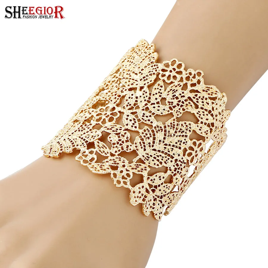 SHEEGIOR Love Wide Hollow Big Bangles Bracelets for Women Silver/Gold Open Bangle Flower Love Cuff Bracelet Mens Fashion Jewelry