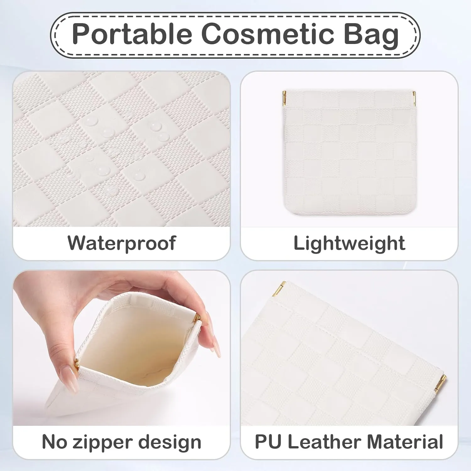 Sightor 2PCS Small Makeup Bag for Purse, Mini Cosmetic Bag Waterproof Pouch for Women, Checkered Purse Self-closing Coin Lipstick Small Leather Cosmetic Pouch (Pink, White)