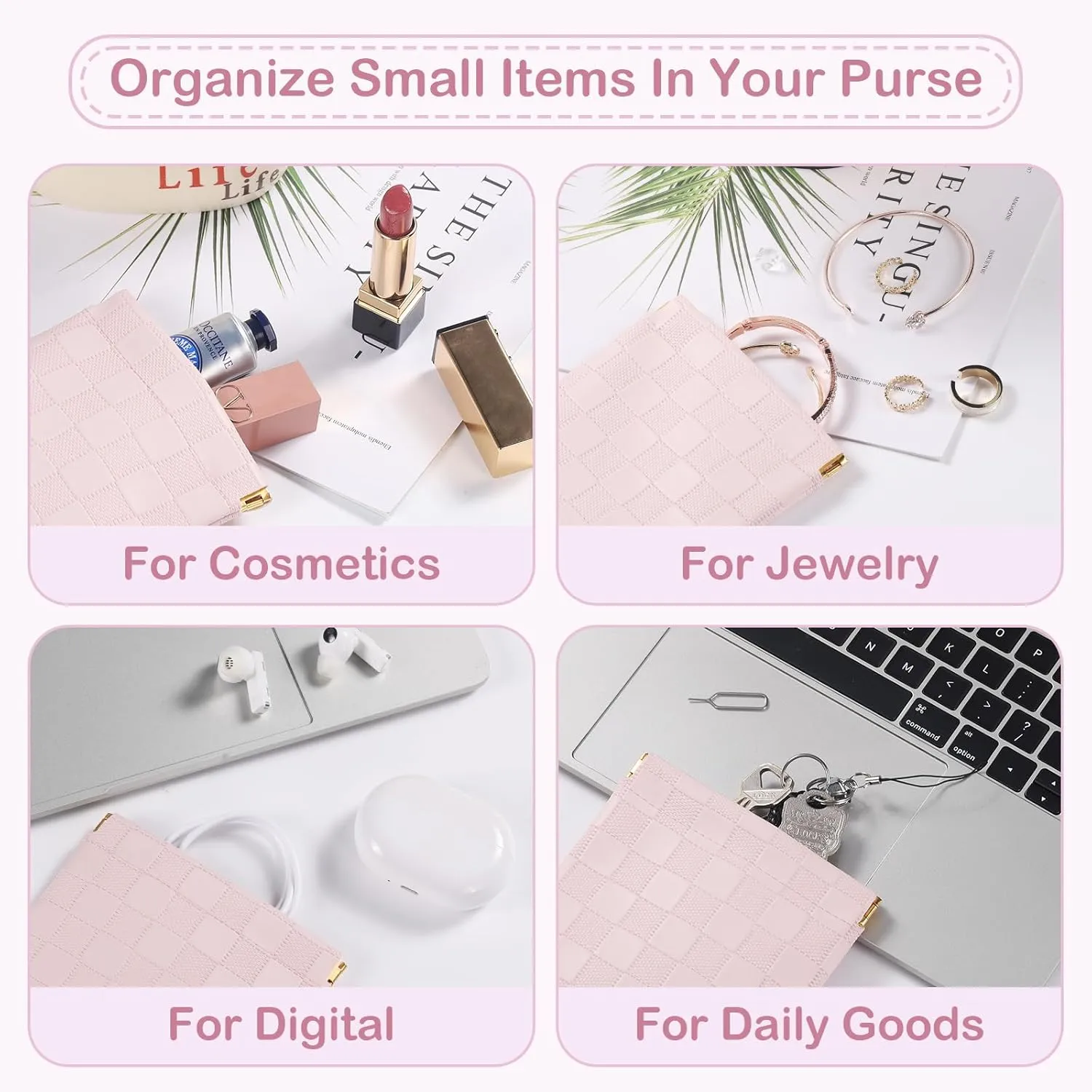 Sightor 2PCS Small Makeup Bag for Purse, Mini Cosmetic Bag Waterproof Pouch for Women, Checkered Purse Self-closing Coin Lipstick Small Leather Cosmetic Pouch (Pink, White)