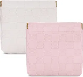 Sightor 2PCS Small Makeup Bag for Purse, Mini Cosmetic Bag Waterproof Pouch for Women, Checkered Purse Self-closing Coin Lipstick Small Leather Cosmetic Pouch (Pink, White)