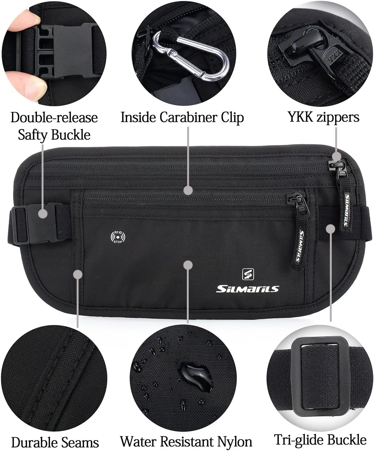 Silmarils RFID Blocking Travel Money Belt/Hidden Waist Pack   6 Bonus Sleeves (Midnight Black/L)