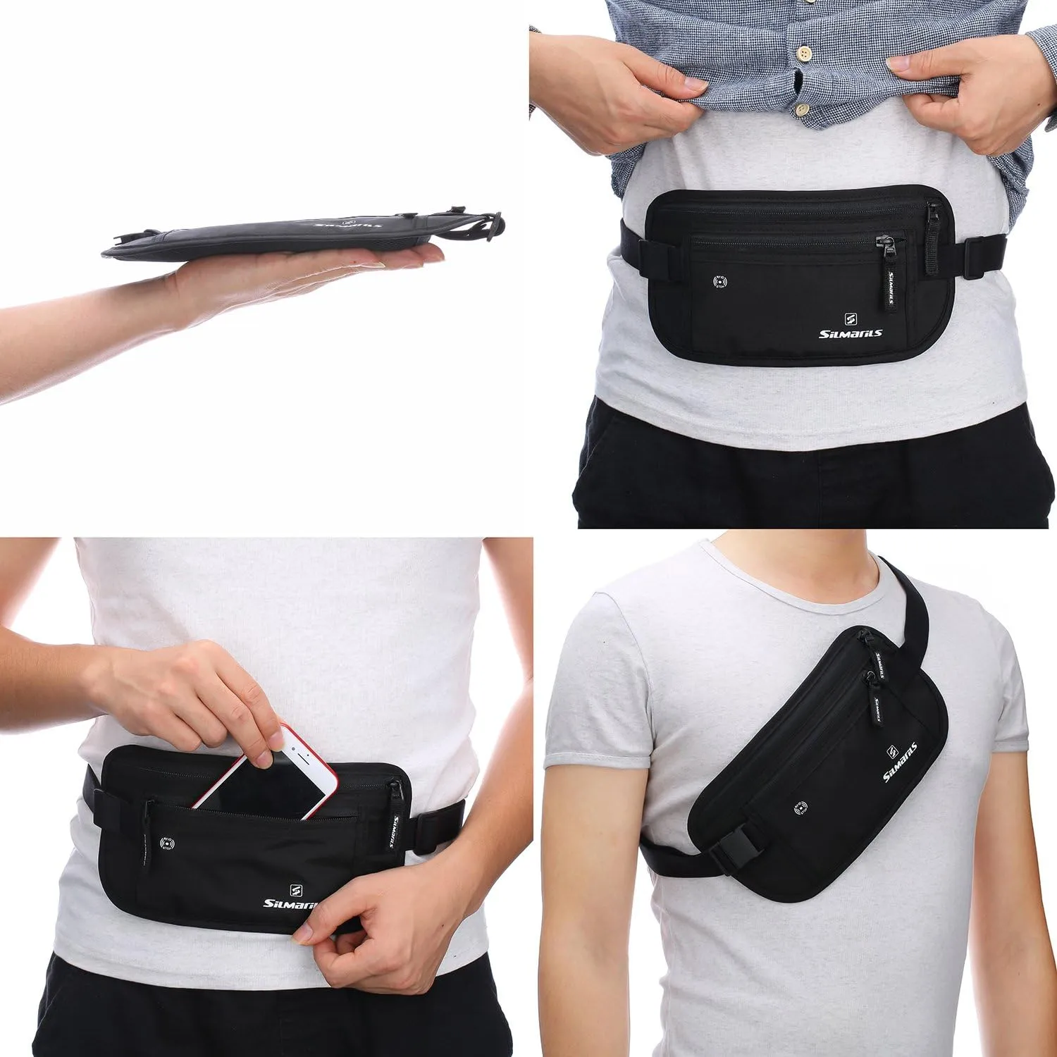 Silmarils RFID Blocking Travel Money Belt/Hidden Waist Pack   6 Bonus Sleeves (Midnight Black/L)