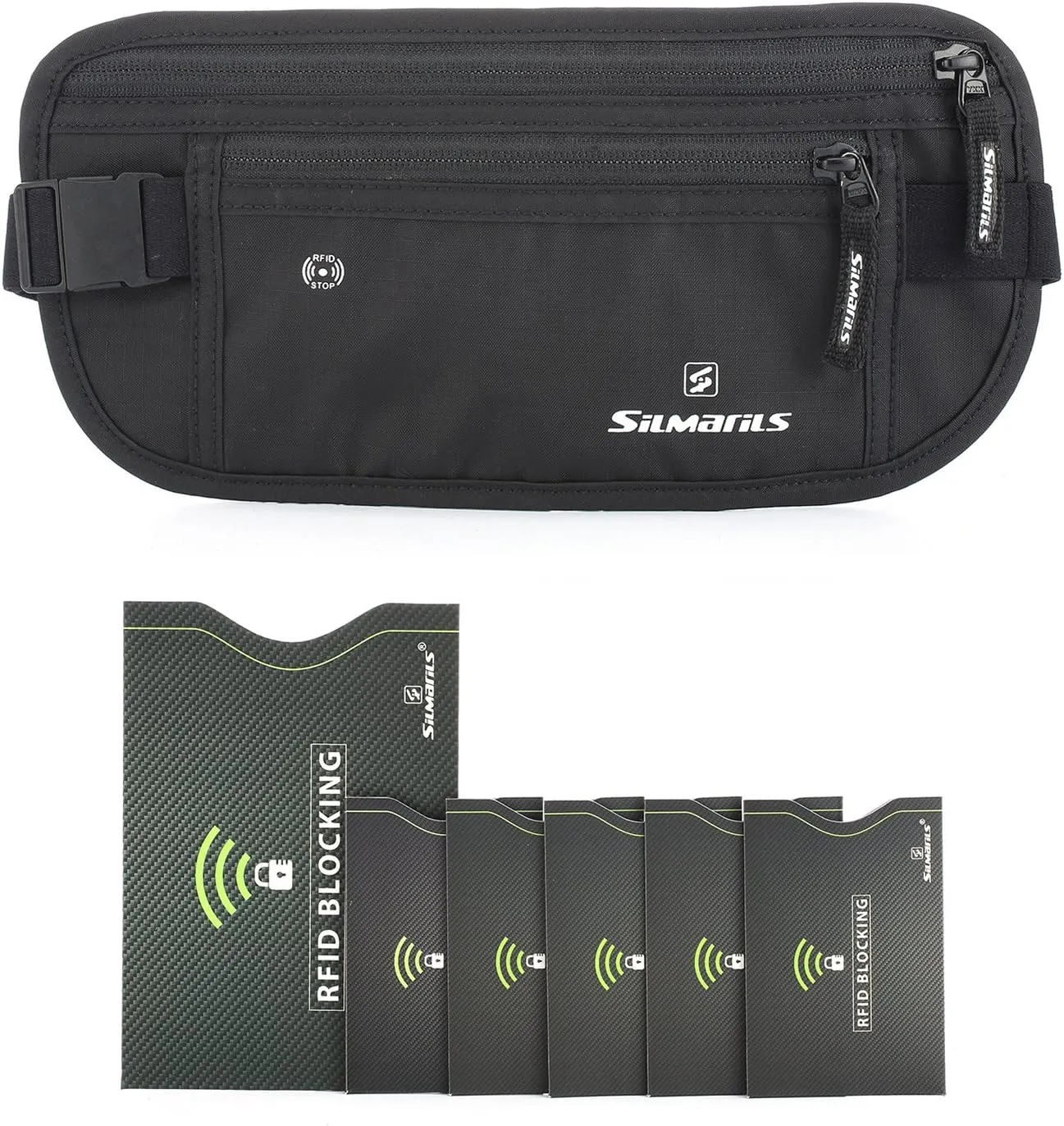 Silmarils RFID Blocking Travel Money Belt/Hidden Waist Pack   6 Bonus Sleeves (Midnight Black/L)