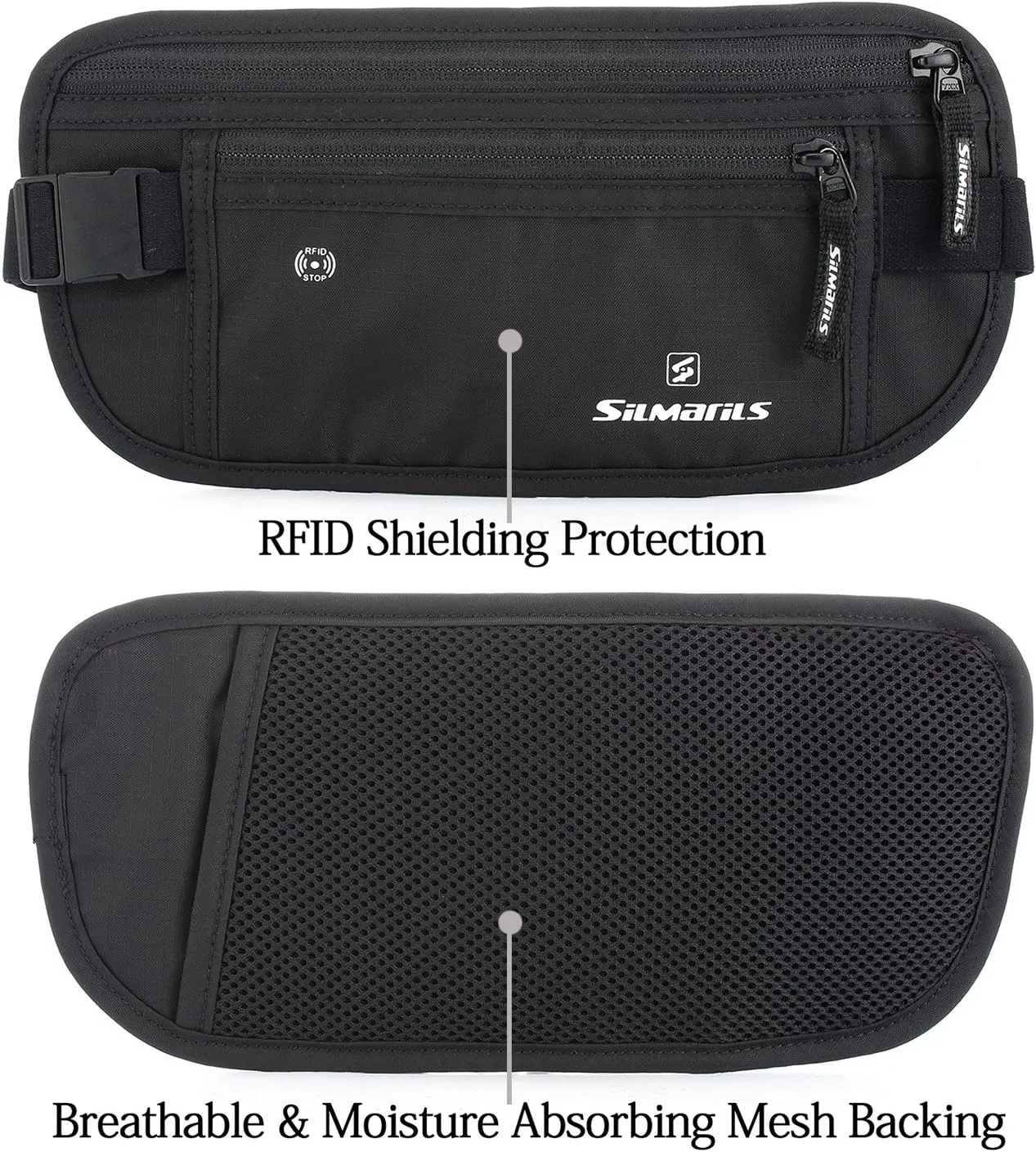 Silmarils RFID Blocking Travel Money Belt/Hidden Waist Pack   6 Bonus Sleeves (Midnight Black/L)
