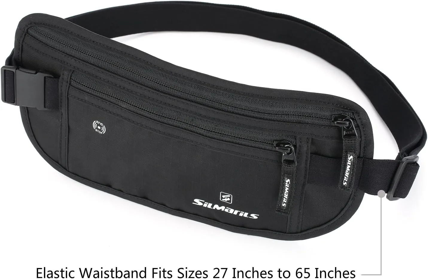 Silmarils RFID Blocking Travel Money Belt/Hidden Waist Pack   6 Bonus Sleeves (Midnight Black/L)