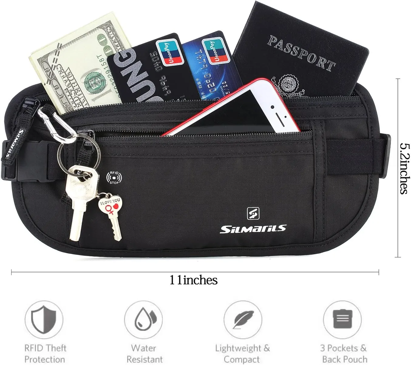 Silmarils RFID Blocking Travel Money Belt/Hidden Waist Pack   6 Bonus Sleeves (Midnight Black/L)